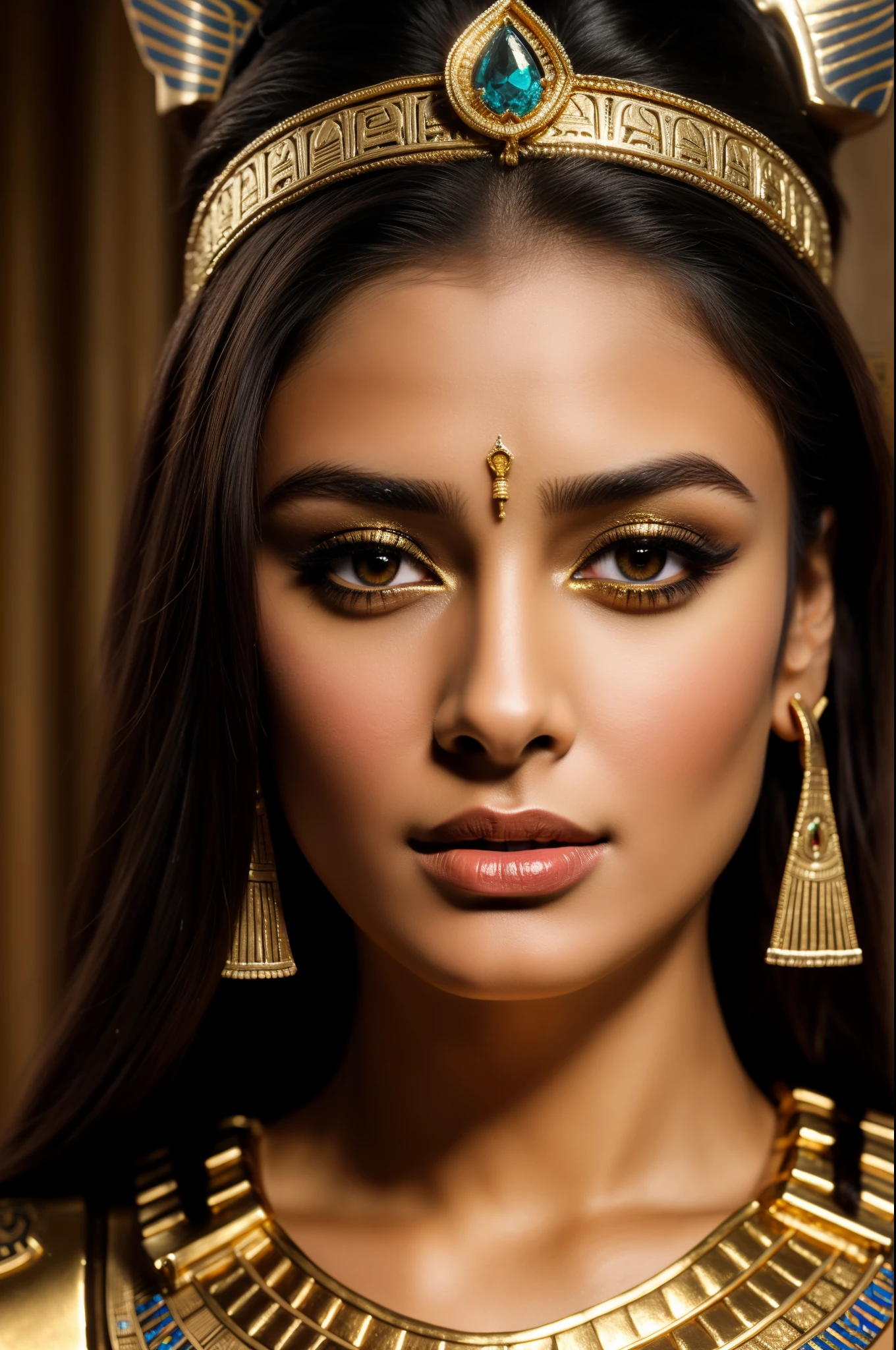 Cinematic portrait, professional cinematography, a close up of a woman in a gold outfit with an egyptian mask, beautiful cleopatra, insane details, egyptian princess, cinematic goddess close shot, cleopatra, extremely beautiful lady, cinematic goddess body shot, cleopatra portrait, goddess, stunning beauty, extremely high detail, egyptian, cleopatra in her palace, cinematic goddess shot, egyptian style, extremely detailed goddess shot, beautiful goddess, Keira Erica Fernandes as egyptian, Erica Fernandes gorgeous and beautiful pharaoh, portrait of cleopatra, uhd, 8k, 32k, sharp, intricate, highly detailed, detailed Beauty,hdr, cinematic vision, flawless picture,