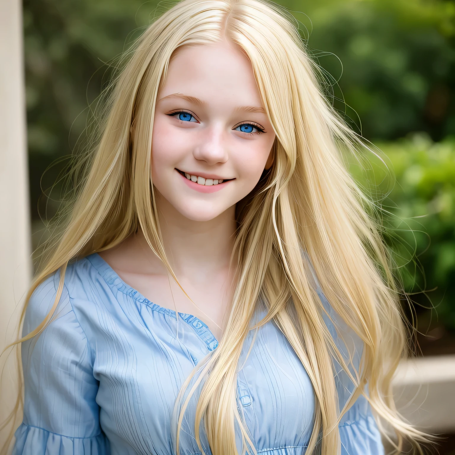 1girl, blonde, blue eyes, long hair, portrait, smiling, 18 years old