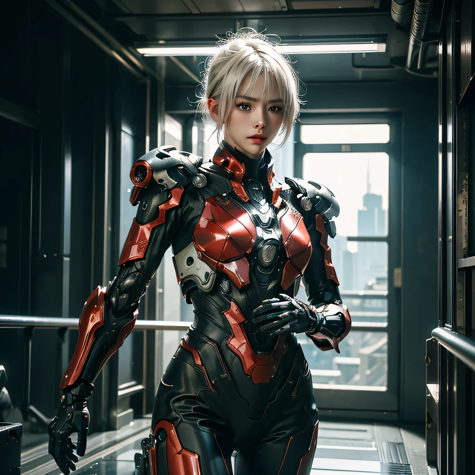(RAW shooting、highest quality、masterpiece)、(genuine、photogenuineistic)、(Super detailed)、Very detailed CG、8k、アンgenuineエンジン、3D rendering、beautiful mechanic、((high contrast))、(High chroma)、((very delicate and beautiful))、reflected light、highly detailed background、(cyber punk、machine city、future city)、City of night、neon sign、wet road surface、One is femininely correct))、silver hair、beautiful and delicate hair、(detailed beautiful eyes、detailed beautiful face)、highly detailed skin、gloves、white cyber suit、((cowboy shot))、Composition seen from below、action pose、fighting pose