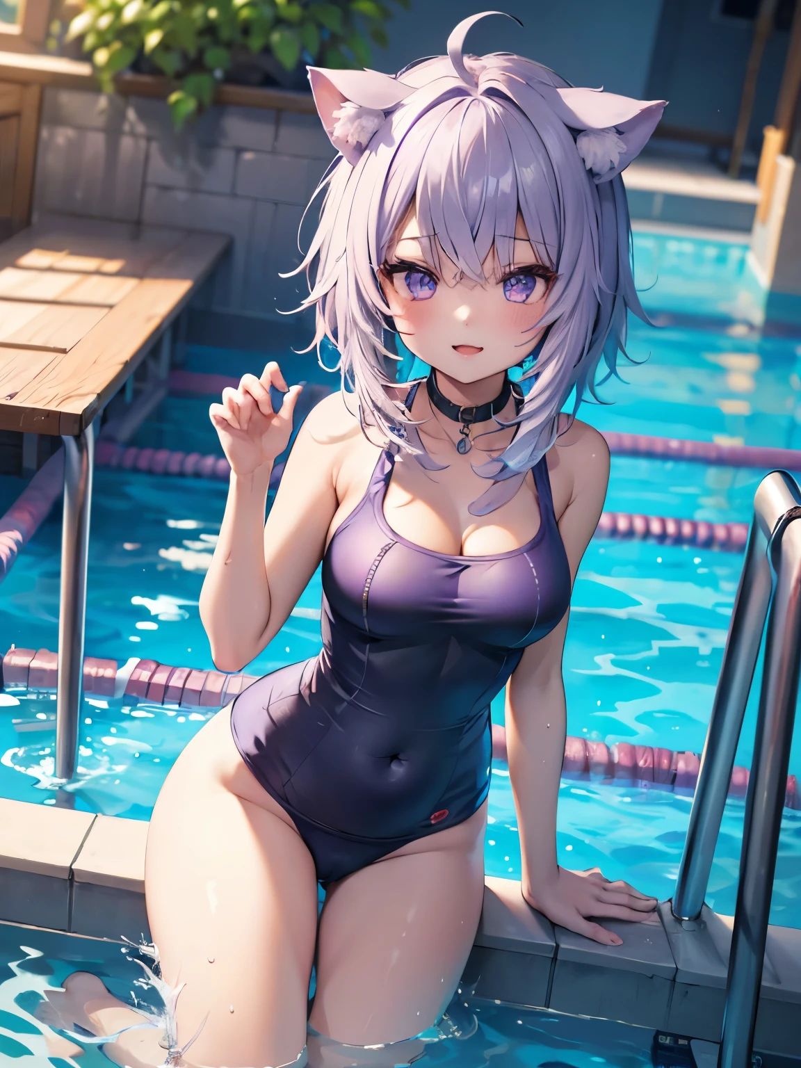 highest quality,wonderful,masterpiece,delicate,ultra high resolution,Super detailed,intricate details,beautiful,8K resolution,(Highly detailed CG Unity 8k wallpaper),sharp focus、1 female、okayudefault, cat tail, ahoge、school swimsuit、outdoor pool、school swimsuitが濡れている、