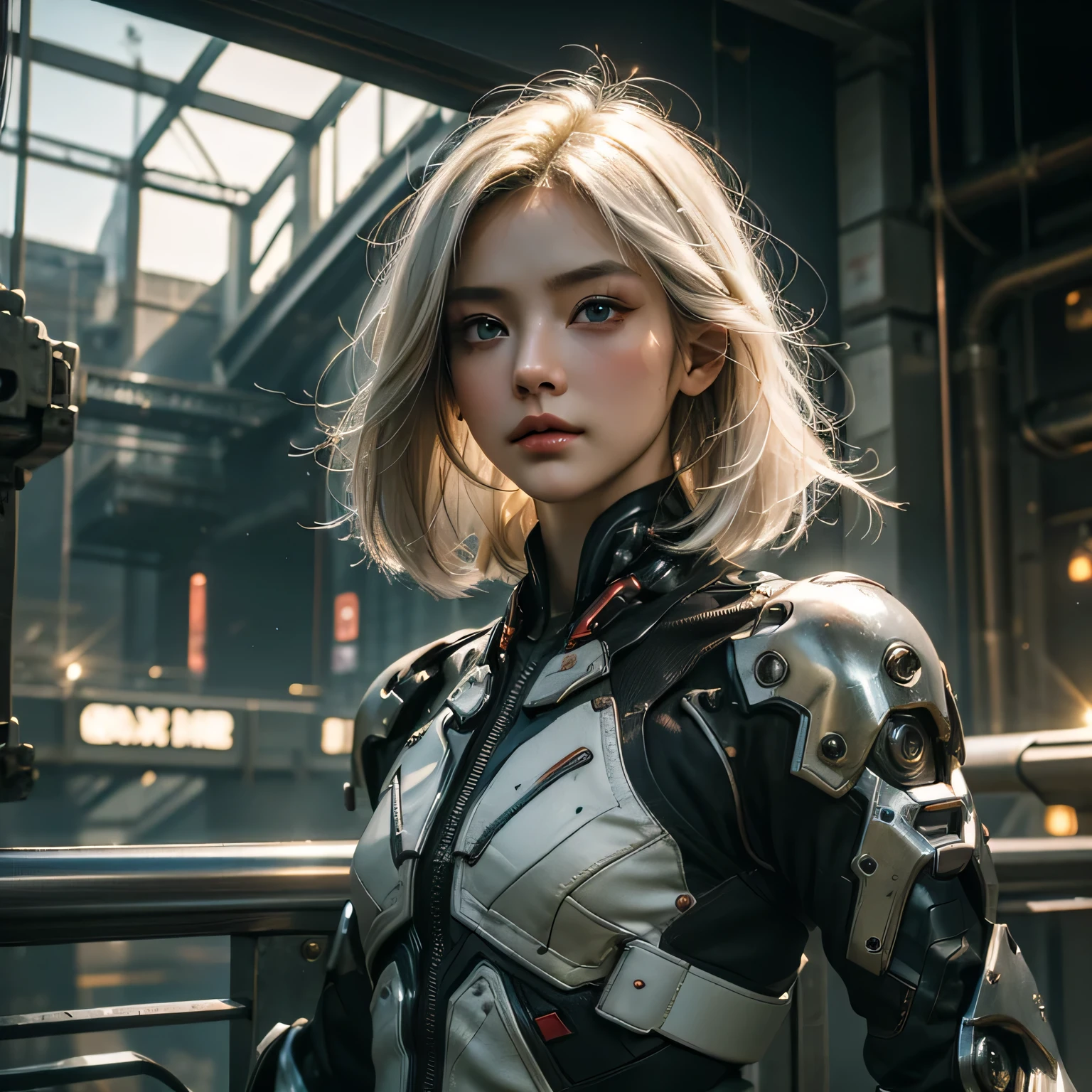 (RAW shooting、highest quality、masterpiece)、(genuine、photogenuineistic)、(Super detailed)、Very detailed CG、8k、アンgenuineエンジン、3D rendering、beautiful mechanic、((high contrast))、(High chroma)、((very delicate and beautiful))、reflected light、highly detailed background、(cyber punk、machine city、future city)、City of night、neon sign、wet road surface、One is femininely correct))、silver hair、beautiful and delicate hair、(detailed beautiful eyes、detailed beautiful face)、highly detailed skin、gloves、white cyber suit、((cowboy shot))、Composition seen from below、action pose、fighting pose
