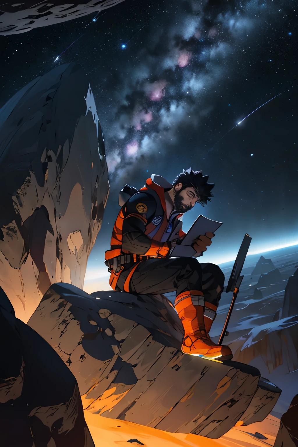 drawing a young programmer, Sitting on a floating research platform in the middle of an asteroid belt. he is studying using a notebook, Surrounded by several asteroids that glow with a fiery aura. Dramatic lighting from distant stars and planets illuminates the scene, casts a deep shadow on the suit. The young man looks confident and determined, Gaze at the vast and mysterious universe with amazement and respect,facial hair, cowboy shot,