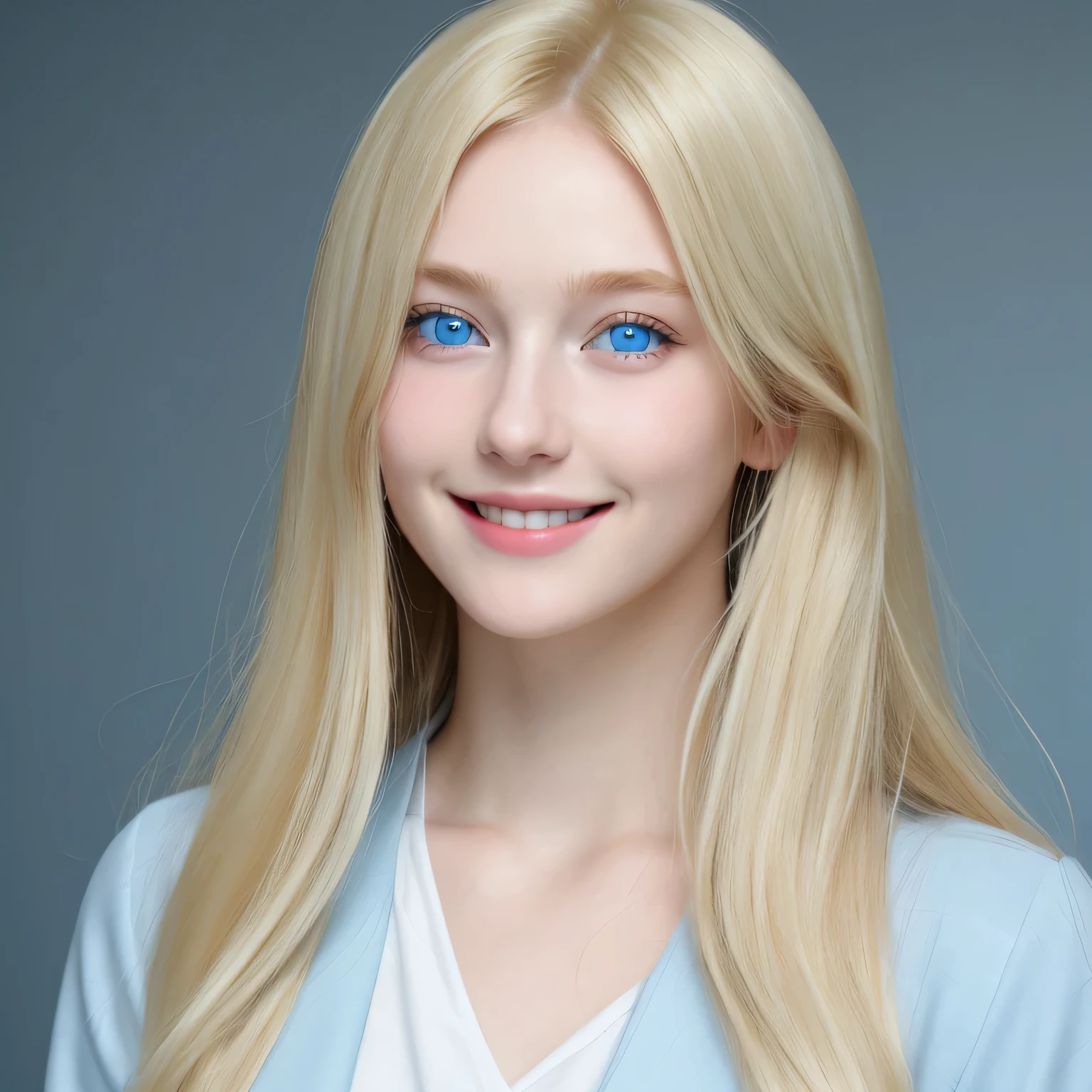 1girl, blonde, light blue eyes, long hair, portrait, smiling