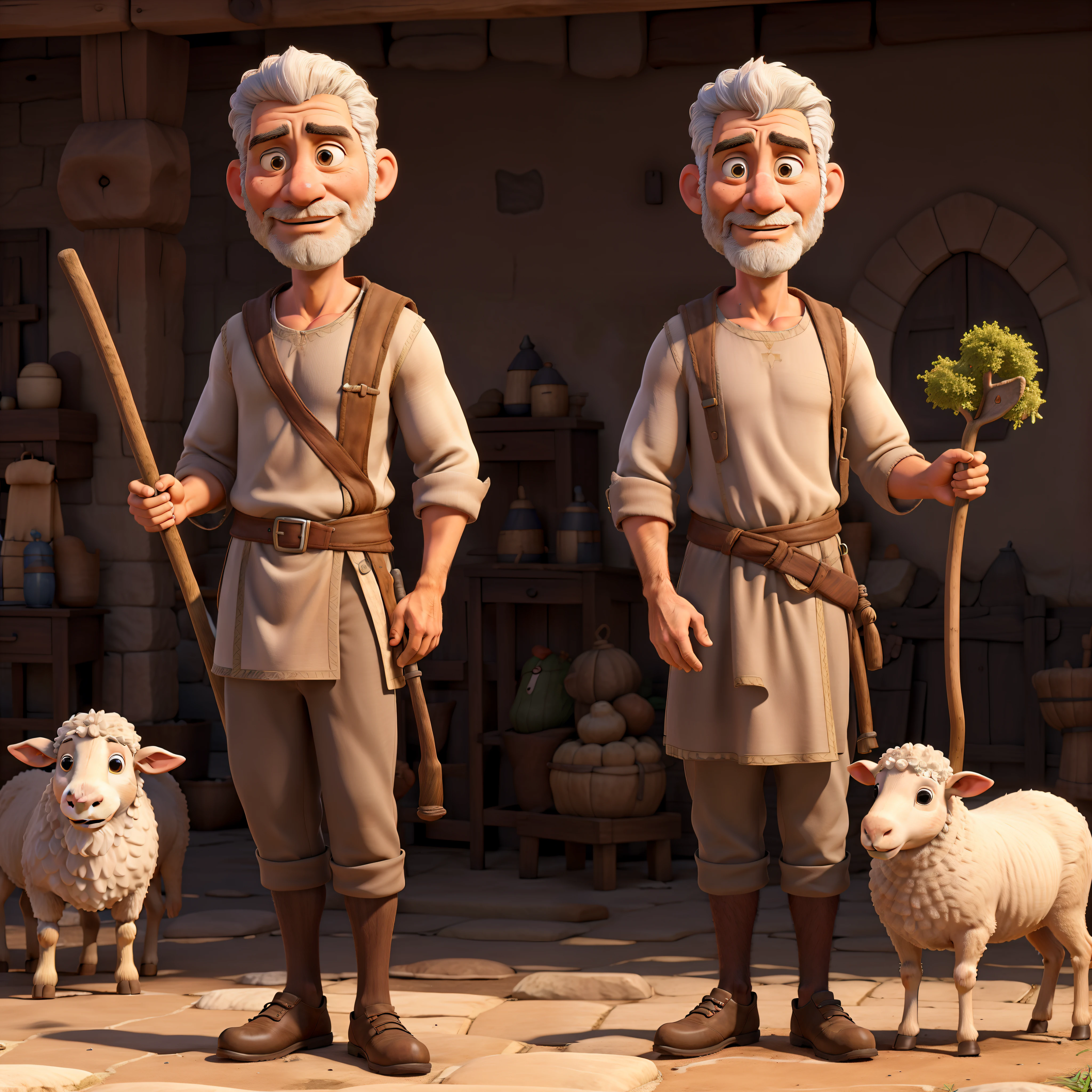 Homem hebreu, serious expression, Standing, segurando um cajado, tunic, Christian, sheep shepherd profession, 3d, ultra realistic. Qualidade de imagem realista. sozinho, sem outros personagens por perto.