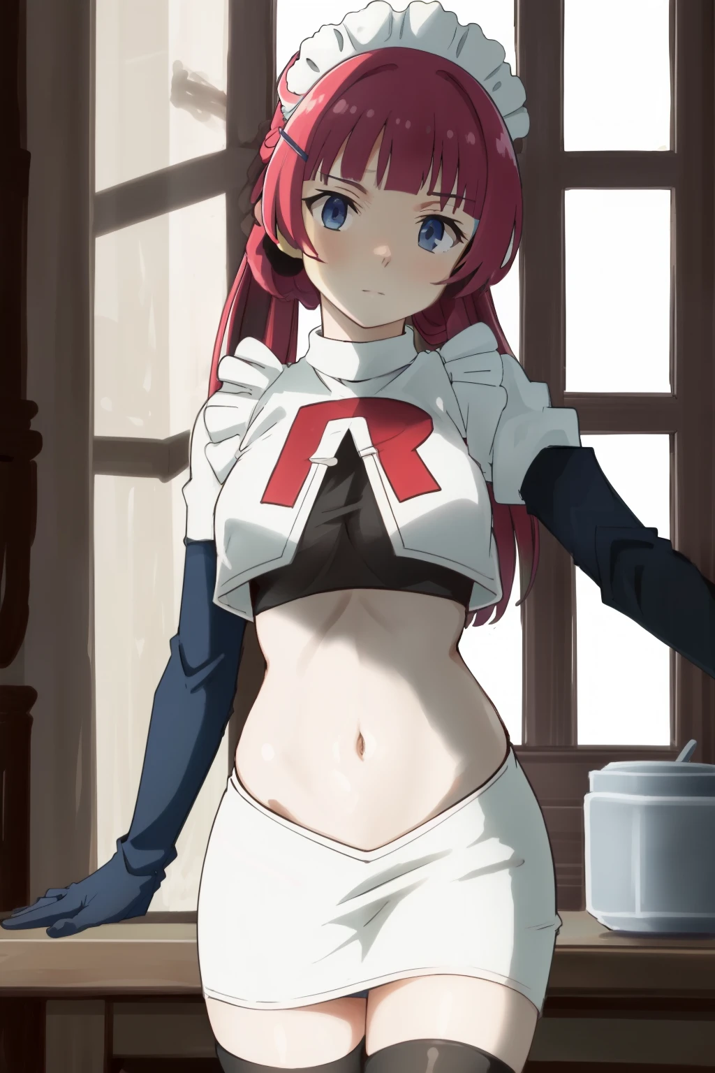 hntsadl_rose, hairclip,maid headdress,team rocket,team rocket uniform,white skirt,red letter R,crop top,black thigh-highs,black elbow gloves, BREAK looking at viewer, cowboy shot, 1girl, solo, high contrast, sharp focus, masterpiece, best quality, highly detailed, HDR, highest quality, highres, sharp focus, 8k, 16k, skin pores, dynamic lights, realistic shadows, best shading, award winning masterpiece