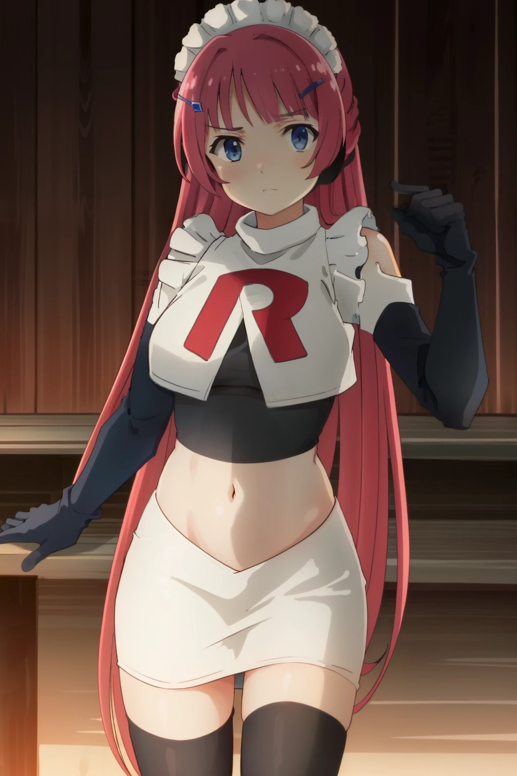 hntsadl_rose, hairclip,maid headdress,team rocket,team rocket uniform,white skirt,red letter R,crop top,black thigh-highs,black elbow gloves, BREAK looking at viewer, cowboy shot, 1girl, solo, high contrast, sharp focus, masterpiece, best quality, highly detailed, HDR, highest quality, highres, sharp focus, 8k, 16k, skin pores, dynamic lights, realistic shadows, best shading, award winning masterpiece