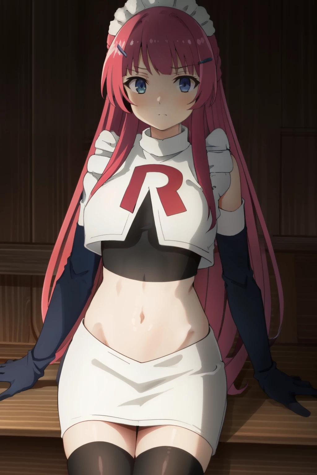 hntsadl_rose, hairclip,maid headdress,team rocket,team rocket uniform,white skirt,red letter R,crop top,black thigh-highs,black elbow gloves, BREAK looking at viewer, cowboy shot, 1girl, solo, high contrast, sharp focus, masterpiece, best quality, highly detailed, HDR, highest quality, highres, sharp focus, 8k, 16k, skin pores, dynamic lights, realistic shadows, best shading, award winning masterpiece