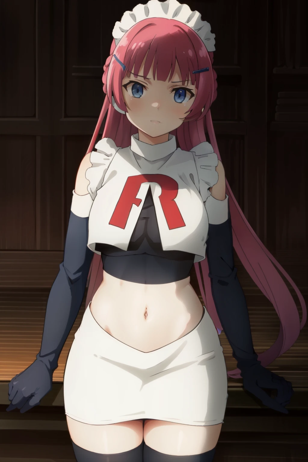 hntsadl_rose, hairclip,maid headdress,team rocket,team rocket uniform,white skirt,red letter R,crop top,black thigh-highs,black elbow gloves, BREAK looking at viewer, cowboy shot, 1girl, solo, high contrast, sharp focus, masterpiece, best quality, highly detailed, HDR, highest quality, highres, sharp focus, 8k, 16k, skin pores, dynamic lights, realistic shadows, best shading, award winning masterpiece