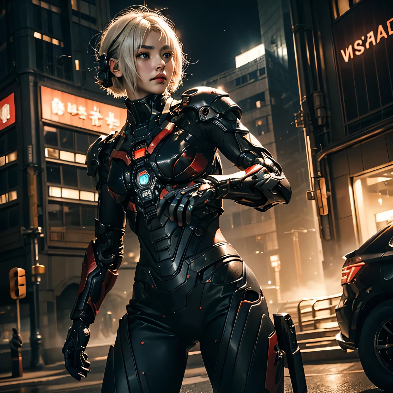 (RAW shooting、highest quality、masterpiece)、(genuine、photogenuineistic)、(Super detailed)、Very detailed CG、8k、アンgenuineエンジン、3D rendering、beautiful mechanic、((high contrast))、(High chroma)、((very delicate and beautiful))、reflected light、highly detailed background、(cyber punk、machine city、future city)、One is femininely correct))、shortcut、platinum blonde hair、beautiful and delicate hair、(detailed beautiful eyes、detailed beautiful face)、highly detailed skin、gloves、black and red metallic cyber suit、((cowboy shot))、action pose、fighting pose、view audience