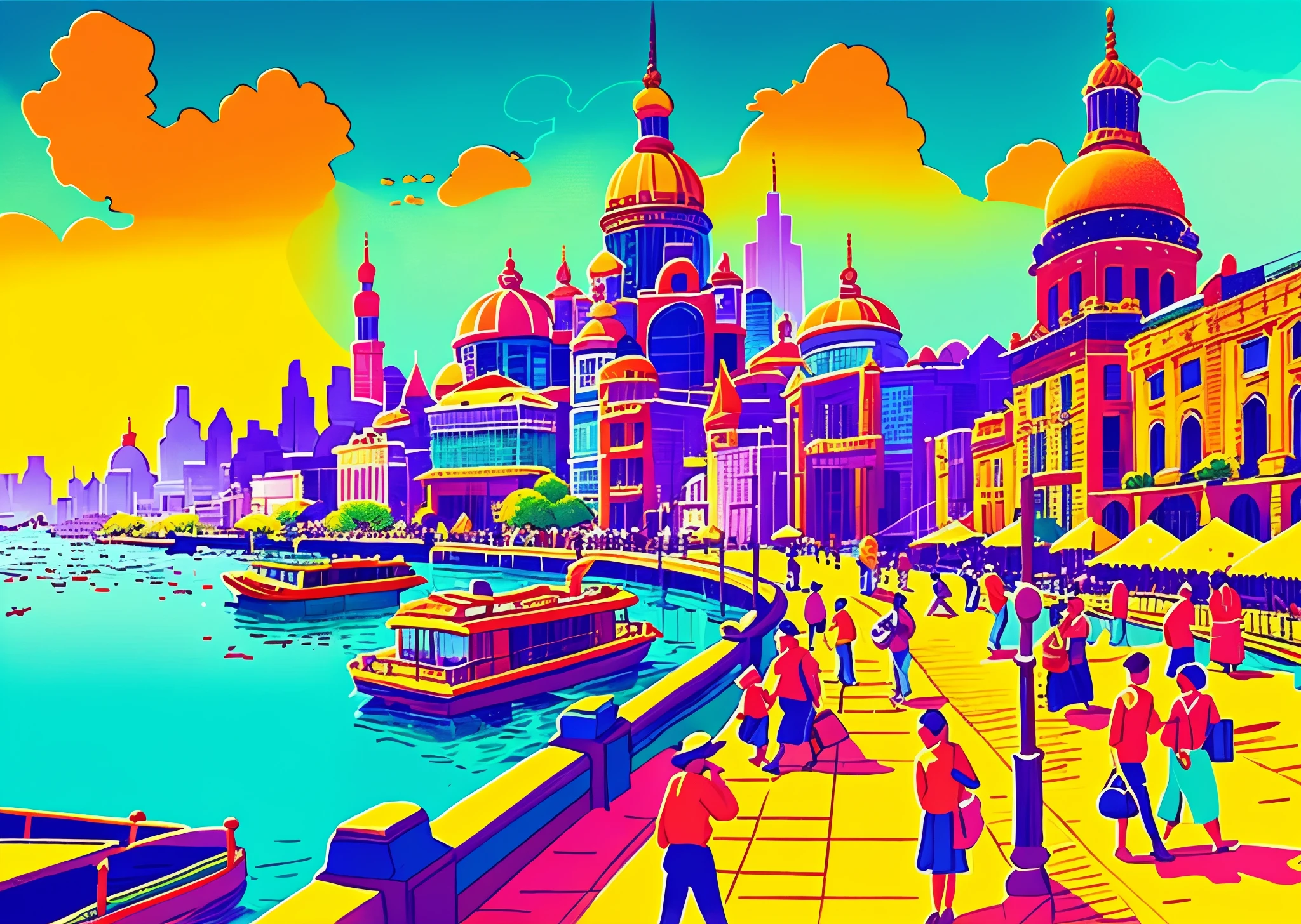 A city map with a river and boats, colorful,Shanghai city,colorful,anime city,(high contrast), (vector artwork), 2D Flas, (clean colors), (clear boundaries), (bright colors or dusk sky),