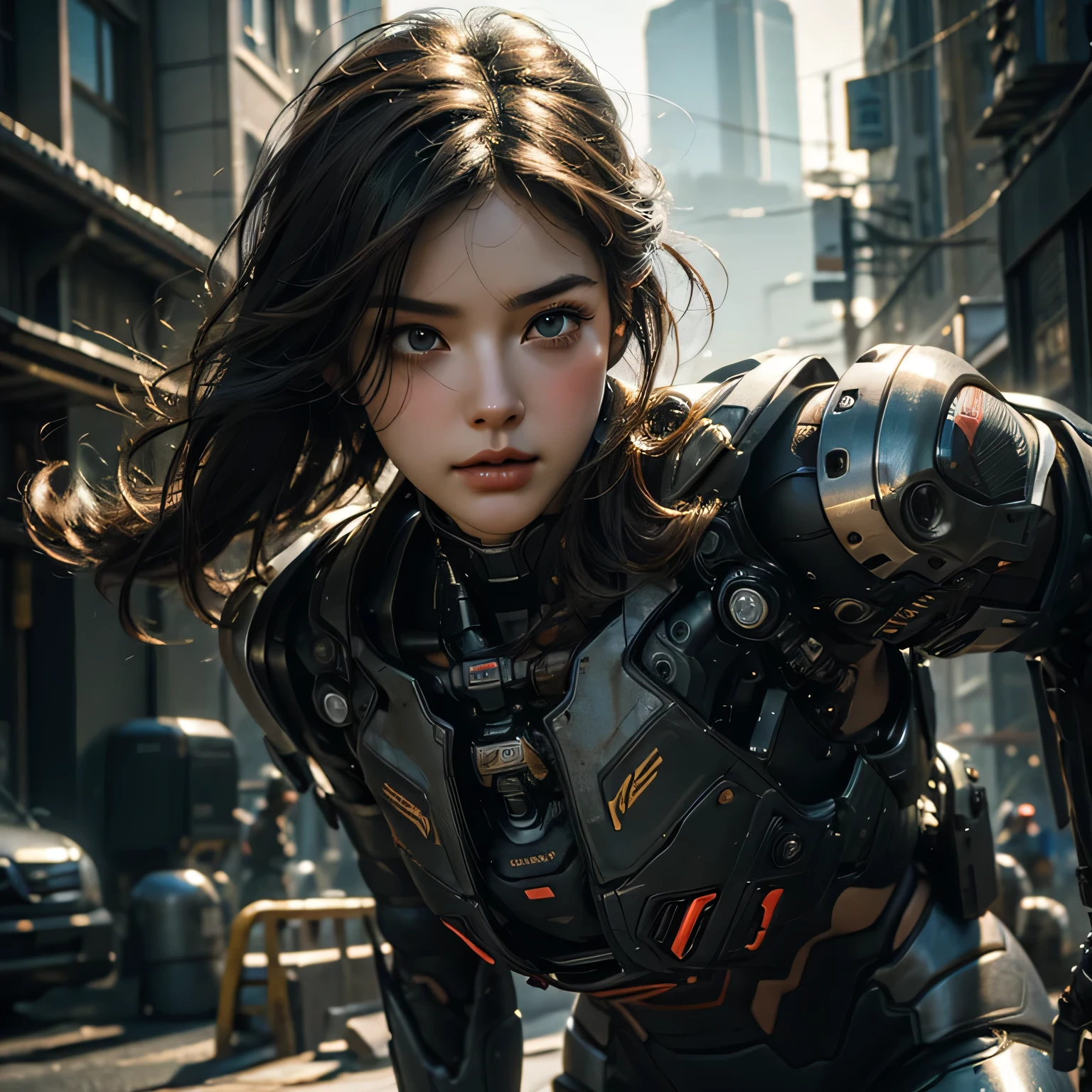 (RAW shooting、highest quality、masterpiece)、(genuine、photogenuineistic)、(Super detailed)、Very detailed CG、8k、アンgenuineエンジン、3D rendering、beautiful mechanic、((high contrast))、(High chroma)、((very delicate and beautiful))、reflected light、highly detailed background、(cyber punk、machine city、future city)、City of night、neon sign、wet road surface、One is femininely correct))、silver hair、beautiful and delicate hair、(detailed beautiful eyes、detailed beautiful face)、highly detailed skin、gloves、white cyber suit、((cowboy shot))、Composition seen from below、action pose、fighting pose