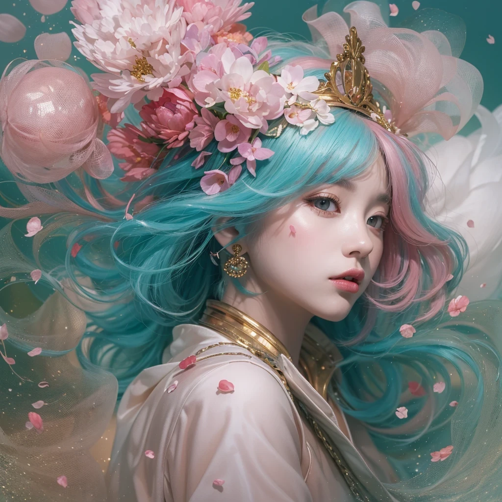 Goose pink blue color,enamel,agate,A flesh-colored world,Blood Blue Girl 32K(masterpiece,HD,Aoyama Pond,Ultra high quality,32)long flowing bright blue hair,blood pool,Ziddink, a color,Grumpy (After greeting), (Linen scarf), fighting stance, looking at the ground, Goose pink long hair, Floating bright blue, Fire cloud gold headdress, Chinese long-sleeved gold silk burgundy garment, (Abstract metaverse splash:1.2), White background,Peony flower vitality protector(粉realisticlying:1.4),bright purple hair,Smoke on the road,The background is very pure, high resolution, detail, RAW photos, Sharp Re, Nikon D850 film photo by Jefferies Lee 4 Kodak Portra 400 camera F1.6 guns, Rich pink shade, Ultra-realistic and vivid textures, dramatic lighting, Unreal Engine Art Station Trend, Sinest Powder 800,一个有着long flowing bright blue hair的女孩,Huge colorful bubbles鹅粉黄