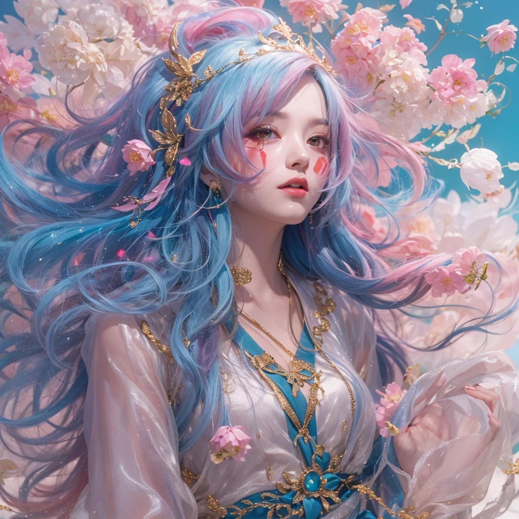 Goose pink blue color，enamel，agate，A flesh-colored world，Blood Blue Girl 32K（masterpiece，HD，Aoyama Pond，Ultra high quality，32）long flowing bright blue hair，blood pool，Ziddink， a color，Grumpy （After greeting）， （Linen scarf）， fighting stance， looking at the ground， Goose pink long hair， Floating bright blue， Fire cloud gold headdress， Chinese long-sleeved gold silk burgundy garment， （Abstract metaverse splash：1.2）， White background，Peony flower vitality protector（粉realisticlying：1.4），bright purple hair，Smoke on the road，The background is very pure， high resolution， detail， RAW photos， Sharp Re， Nikon D850 film photo by Jefferies Lee 4 Kodak Portra 400 camera F1.6 guns, Rich pink shade, Ultra-realistic and vivid textures, dramatic lighting, Unreal Engine Art Station Trend, Sinest Powder 800，一个有着long flowing bright blue hair的女孩，Huge colorful bubbles鹅粉黄
