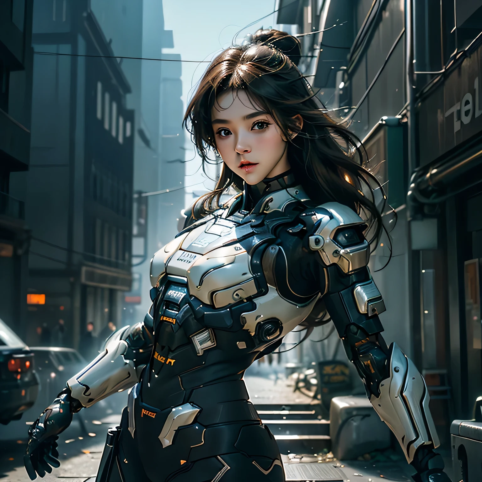 (RAW shooting、highest quality、masterpiece)、(genuine、photogenuineistic)、(Super detailed)、Very detailed CG、8k、アンgenuineエンジン、3D rendering、beautiful mechanic、((high contrast))、(High chroma)、((very delicate and beautiful))、reflected light、highly detailed background、(cyber punk、machine city、future city)、One is femininely correct))、brown hair、beautiful and delicate hair、(detailed beautiful eyes、detailed beautiful face)、highly detailed skin、gloves、cyber suit、((cowboy shot))、action pose、fighting pose