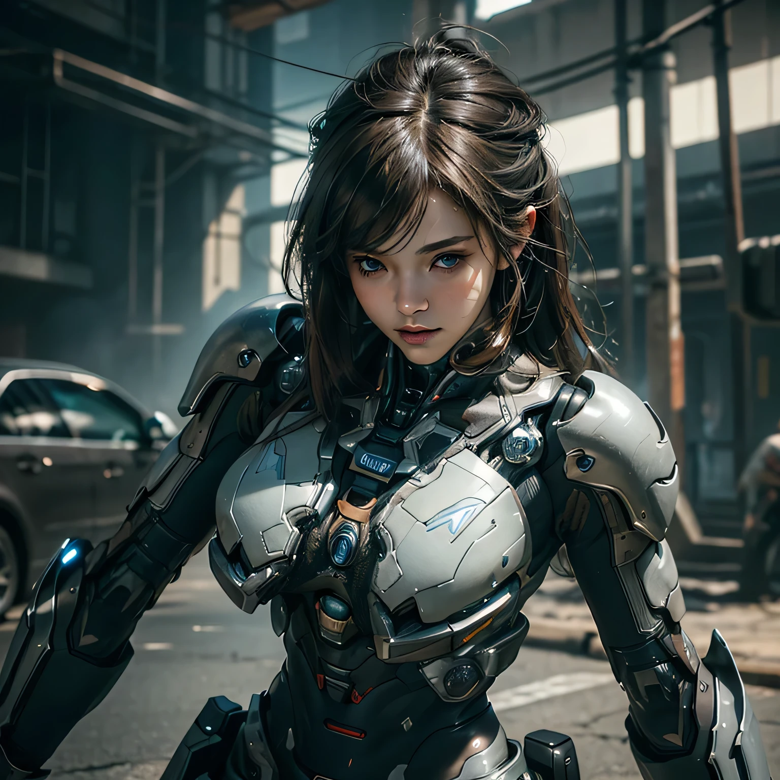 (RAW shooting、highest quality、masterpiece)、(genuine、photogenuineistic)、(Super detailed)、Very detailed CG、8k、アンgenuineエンジン、3D rendering、beautiful mechanic、((high contrast))、(High chroma)、((very delicate and beautiful))、reflected light、highly detailed background、(cyber punk、machine city、future city)、City of night、neon sign、wet road surface、One is femininely correct))、silver hair、beautiful and delicate hair、(detailed beautiful eyes、detailed beautiful face)、highly detailed skin、gloves、white cyber suit、((cowboy shot))、Composition seen from below、action pose、fighting pose