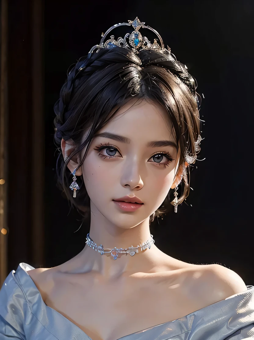 ((masterpiece、highest quality、Super detailed、High resolution、realistic、sharp focus、cinematic lighting))、(1 girl)、bust shot、face light、high contrast、(black hair、high top fade、bun hair)、beautiful hairstyle、beautiful face、beautiful eyes、heavy makeup、close your mouth、big smile、Detailed depiction of hands、Blue Off Shoulder Long Dress、silver tiara、Silver Choker、earrings、inside the palace、((view audience))、perfect eyes