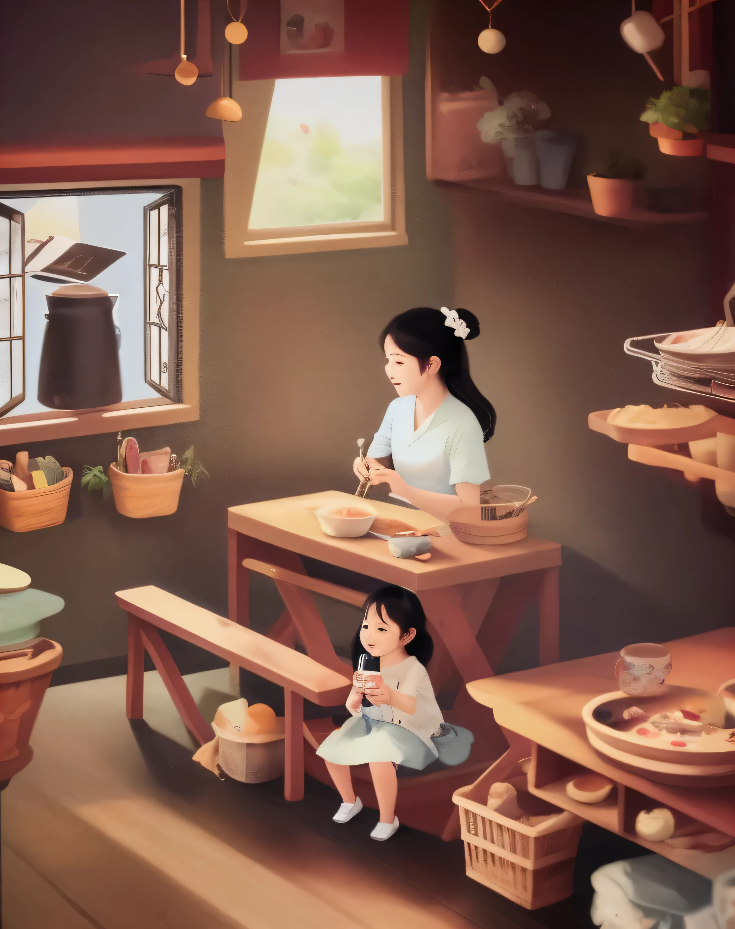 there is a painting of a woman and a in a kitchen, storybook illustation, story book illustration, a storybook illustration, storybook illustration, by Mei Qing, children book illustration, book illustration, a beautiful artwork illustration, cute storybook illustration, children's book illustration, children’s book illustration, beautifully illustrated, by Yang Borun