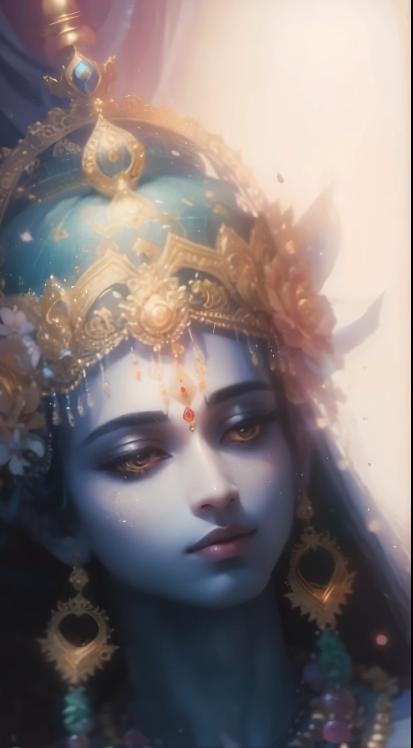 Lord Krishna, golden crown, patterns all over, dreamy environment, divine look
