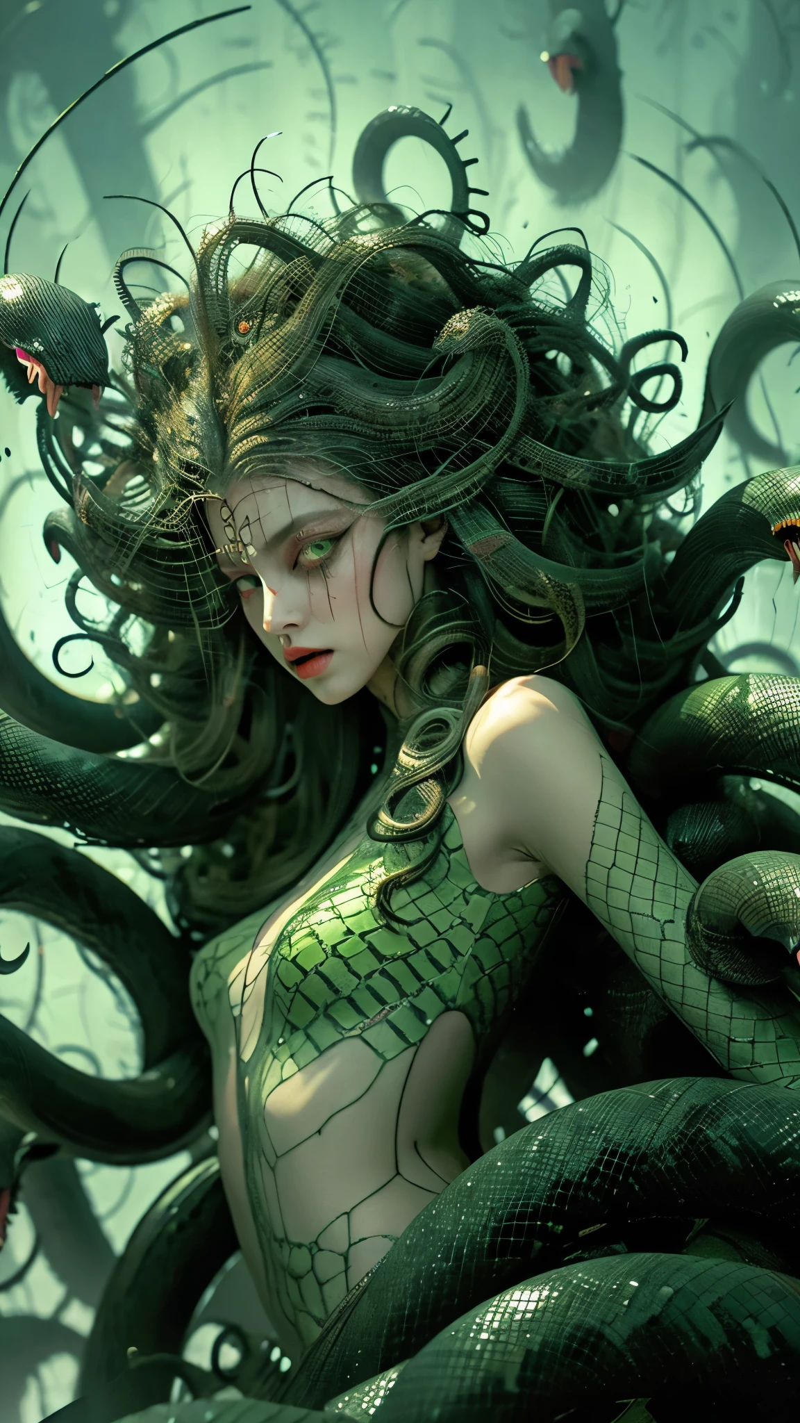 Illustration of Medusa with writhing snake hair and glowing green eyes 