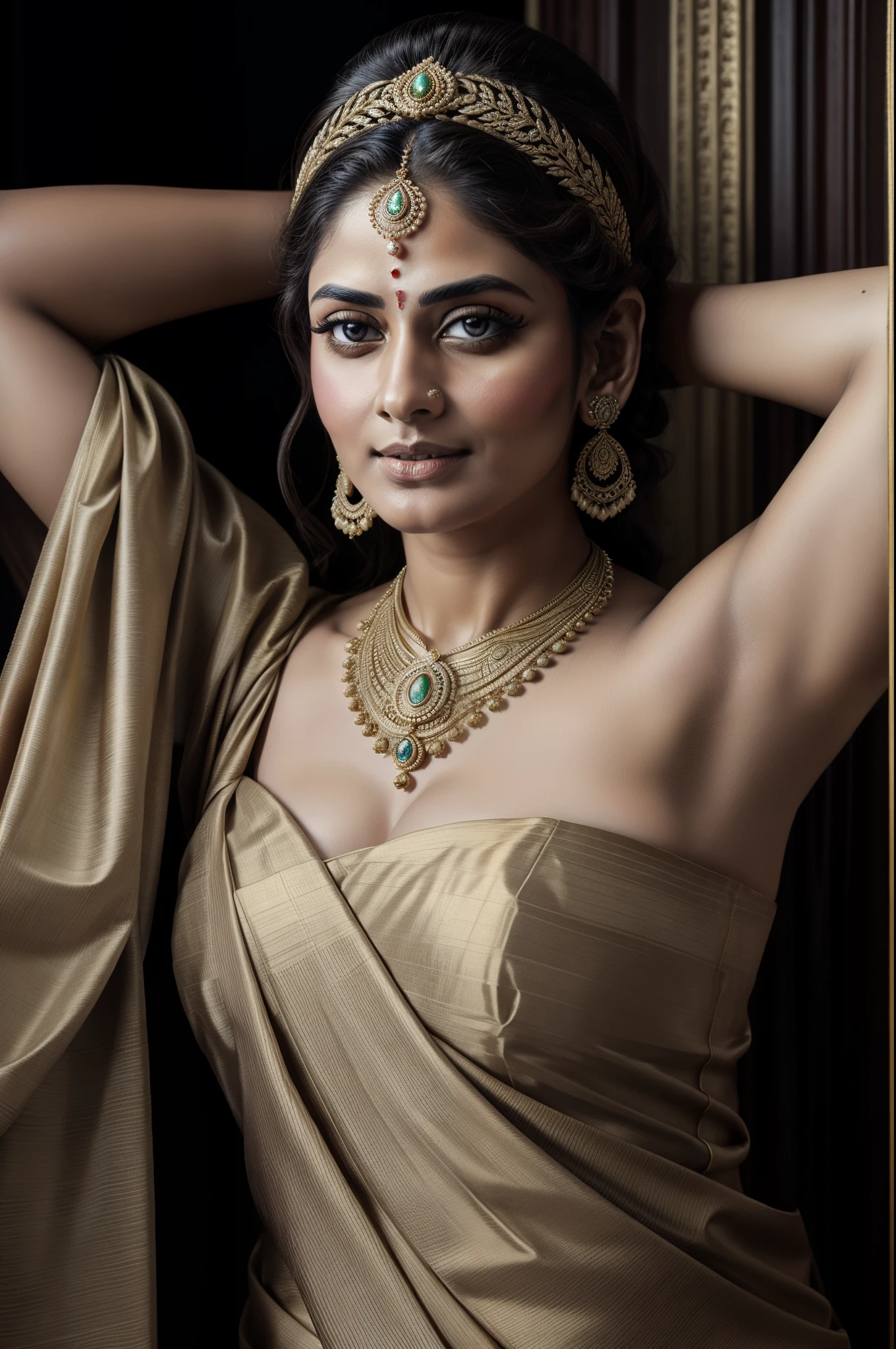 Beautiful Indian Woman, wearing saree, sari Beauty, gorgeous, Apsara, Maharani, royal queen woman, nymph from Hindu Mythology, Urvashi, matchless beauty, Highly detailed, Oil Painting by Peter Paul Rubens inspired by Raja Ravi Varma, Matchless beauty, captivating, gorgeous, heavenly beauty, celestial beauty, by Peter Paul Rubens, 1893, realistic, hyper realistic, micro details, incredible artwork, insane details, ultra High resolution, 8k, 32k, acrylic on canvas, intricate, flawless, detailed, detailed face, detailed eyes, masterpiece, by Peter Paul Rubens, by Caravaggio, by William Adolphe bouguereau, perfect face, perfect body, beautiful art, realism, baroque, renaissance Art, highly textured, beautiful and detailed eyes, uhd, best quality,