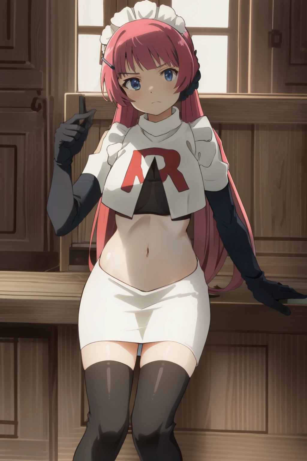 hntsadl_rose, hairclip,maid headband,team rocket,team rocket uniform,white skirt,red letter R,crop top,black thigh-highs,black elbow gloves, BREAK looking at viewer, cowboy shot, 1girl, solo, high contrast, sharp focus, masterpiece, best quality, highly detailed, HDR, highest quality, highres, sharp focus, 8k, 16k, skin pores, dynamic lights, realistic shadows, best shading, award winning masterpiece