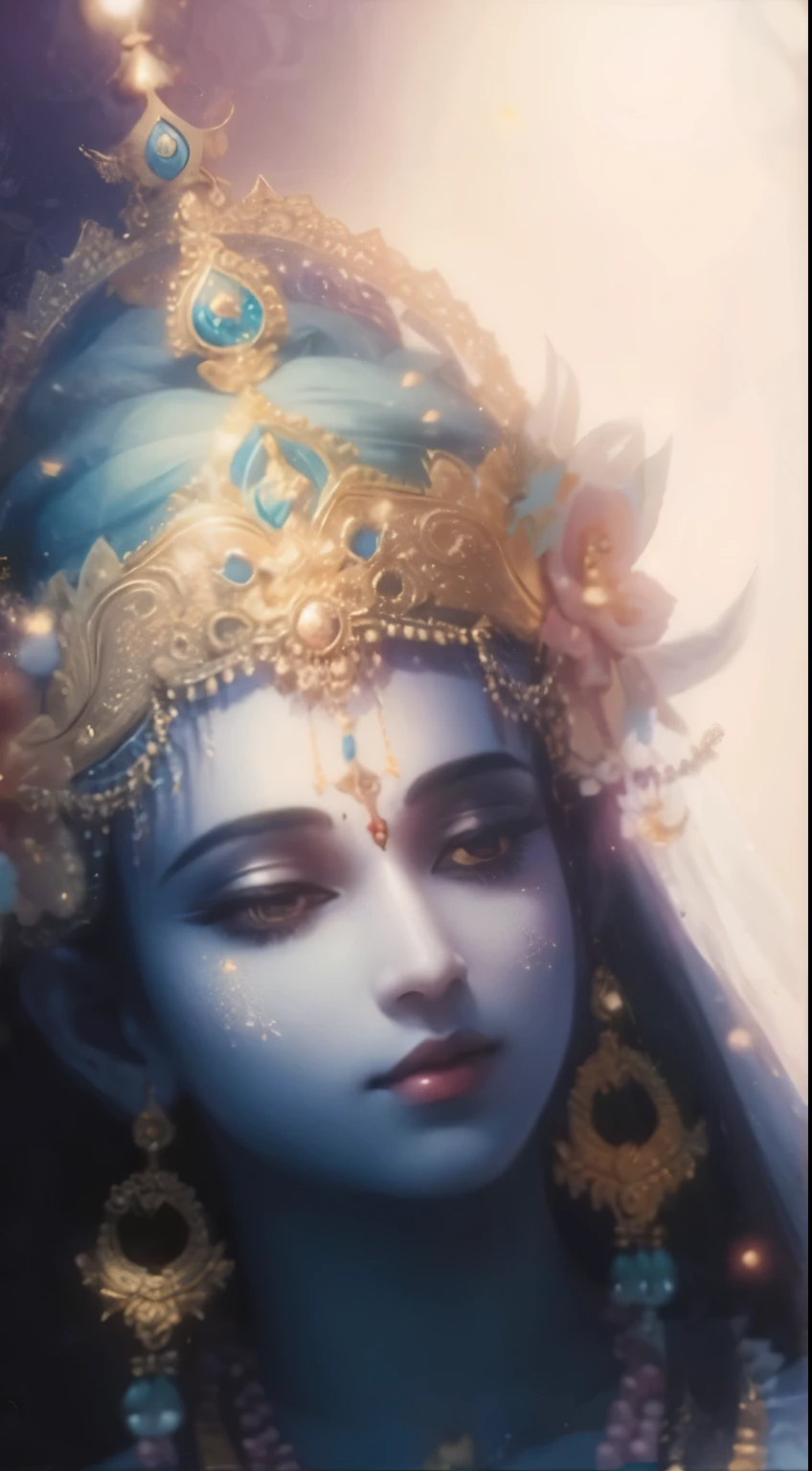 Lord Krishna, golden crown, patterns all over, dreamy environment, divine look