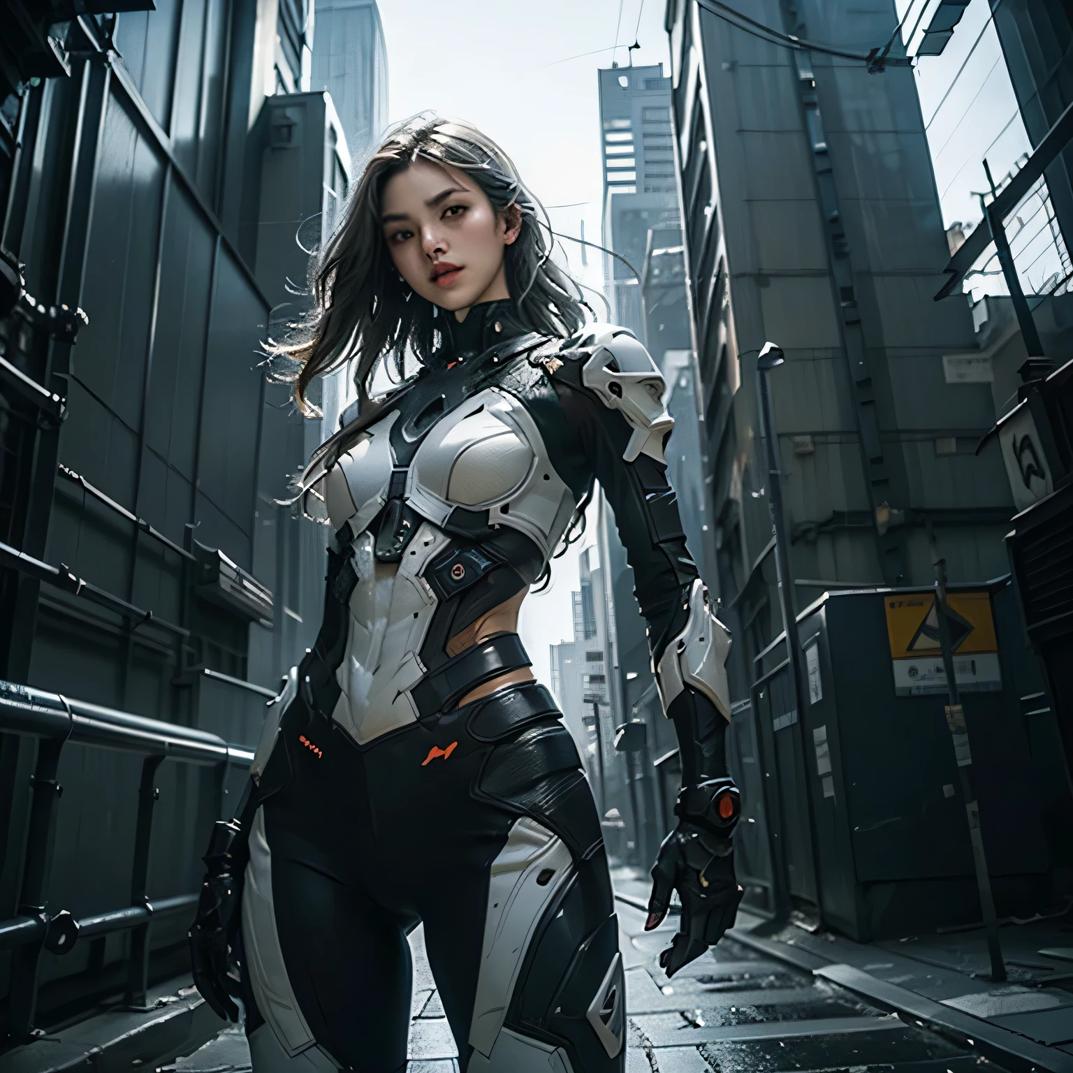 (RAW shooting、highest quality、masterpiece)、(genuine、photogenuineistic)、(Super detailed)、Very detailed CG、8k、アンgenuineエンジン、3D rendering、beautiful mechanic、((high contrast))、(High chroma)、((very delicate and beautiful))、reflected light、highly detailed background、(cyber punk、machine city、future city)、City of night、neon sign、wet road surface、One is femininely correct))、silver hair、beautiful and delicate hair、(detailed beautiful eyes、detailed beautiful face)、highly detailed skin、gloves、white cyber suit、((cowboy shot))、Composition seen from below、action pose、fighting pose