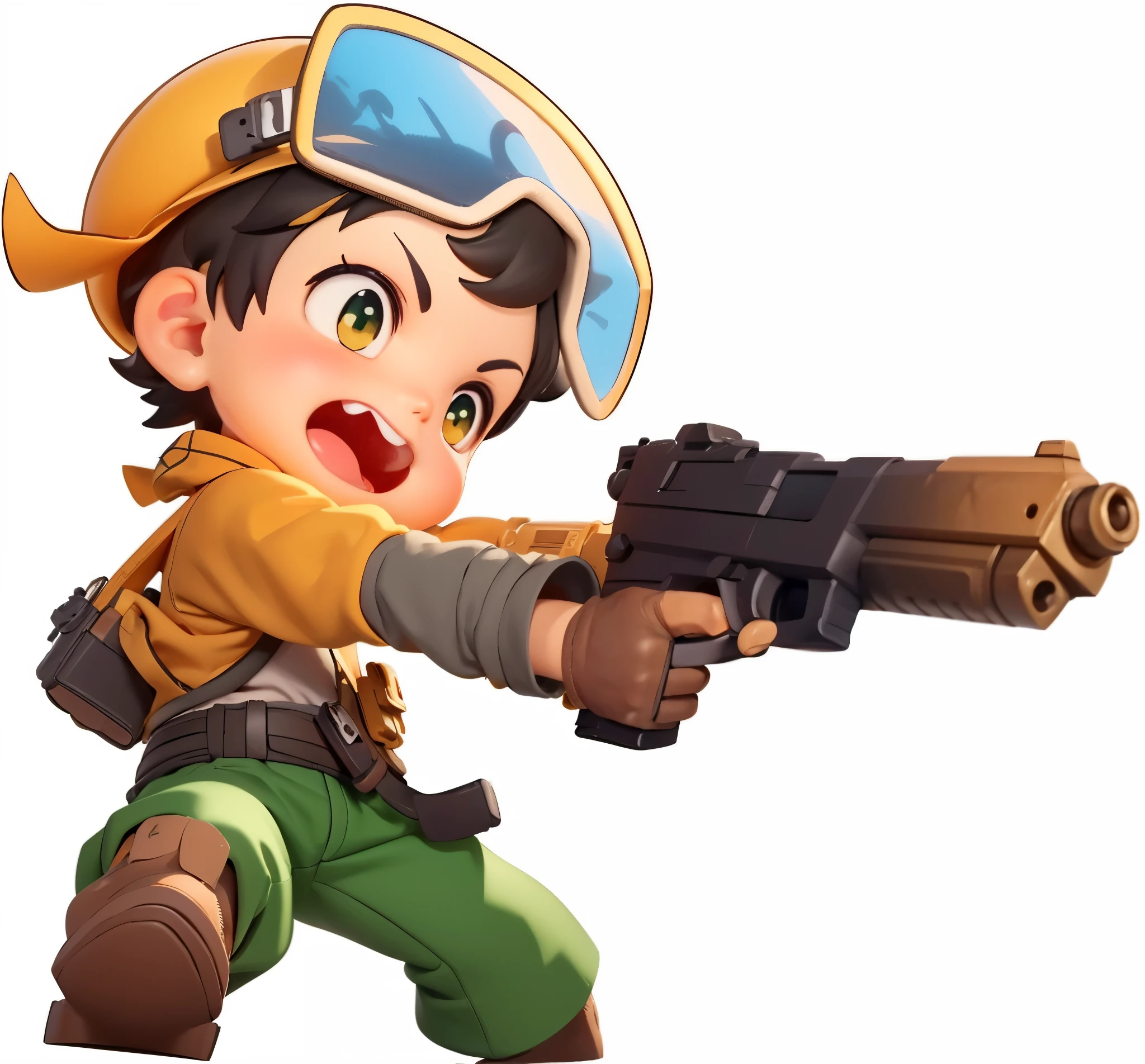 whole body, cute的, 1 boy, (masterpiece),(masterpiece), (best quality), (Super detailed), (whole body: 1.2), a boy, chibi, cute的, wearing hat,holding handgun,shooting,clothing,Green cargo pants,cute,SD dolls, 3D clay rendering, White background, (Beautiful and delicate face), (beautiful details eyes),stylized anime, Very detailed characters, advanced digital chibi art, anime stylization, Works of art in the Guvez style, Anime cute art style, cute的角色, plan, portrait of little person, Produced by Anime Painter Studio, a boy, chibi, cute的, wearing hat,holding handgun,shooting