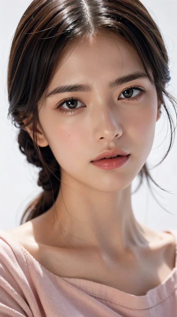RAW photo, 8k, highest quality, masterpiece, Super detailed, super resolution, realistic pictures, portrait, professional photos, High resolution and beautiful, very delicate and beautiful, High resolution, huge file size, Super detailed face, very fine eyes, Very fine skin, very small nose, highly detailed mouth, perfect anatomy, Super detailed, very beautiful eyelashes, natural eyes, delicate eyes, simple white background, realistic lighting, light shines on your face, 1 girl, 20 generations,off shoulder clothes,Pale pink clothes,simple white background,