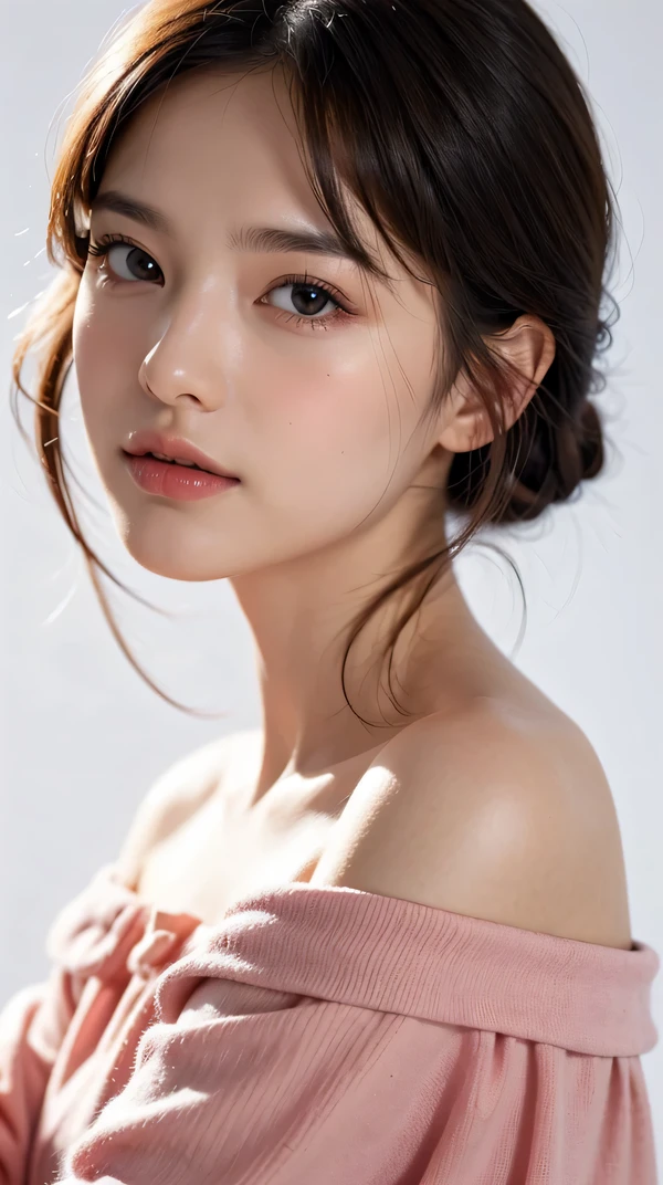 RAW photo, 8k, highest quality, masterpiece, Super detailed, super resolution, realistic pictures, portrait, professional photos, High resolution and beautiful, very delicate and beautiful, High resolution, huge file size, Super detailed face, very fine eyes, Very fine skin, very small nose, highly detailed mouth, perfect anatomy, Super detailed, very beautiful eyelashes, natural eyes, delicate eyes, simple white background, realistic lighting, light shines on your face, 1 girl, 20 generations,off shoulder clothes,Pale pink clothes,simple white background,