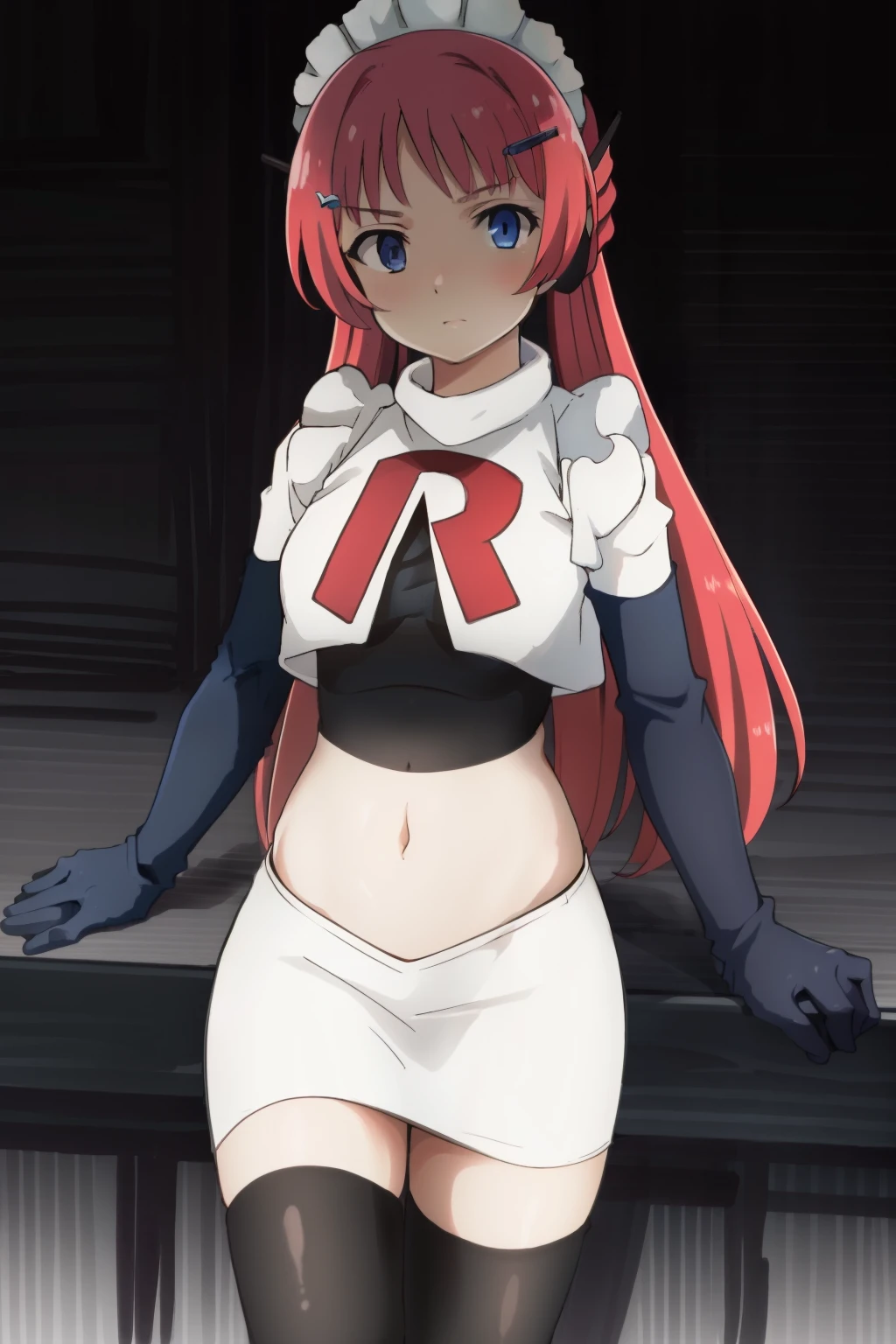 hntsadl_rose, hairclip,maid headband,team rocket,team rocket uniform,white skirt,red letter R,crop top,black thigh-highs,black elbow gloves, BREAK looking at viewer, cowboy shot, 1girl, solo, high contrast, sharp focus, masterpiece, best quality, highly detailed, HDR, highest quality, highres, sharp focus, 8k, 16k, skin pores, dynamic lights, realistic shadows, best shading, award winning masterpiece