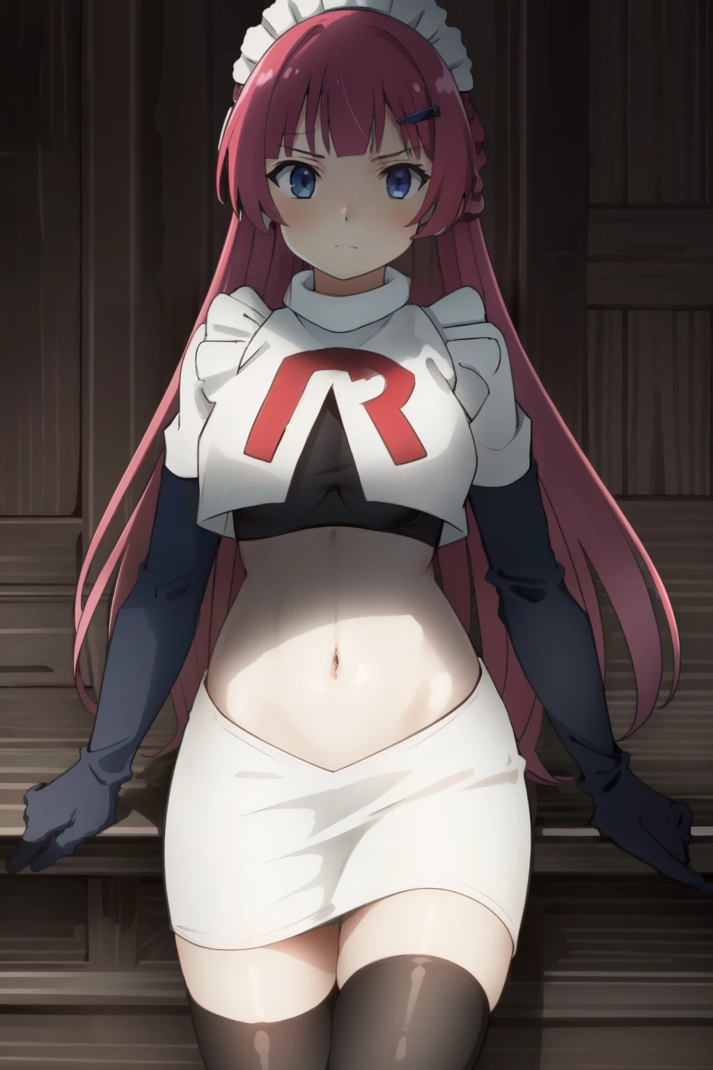 hntsadl_rose, hairclip,maid headband,team rocket,team rocket uniform,white skirt,red letter R,crop top,black thigh-highs,black elbow gloves, BREAK looking at viewer, cowboy shot, 1girl, solo, high contrast, sharp focus, masterpiece, best quality, highly detailed, HDR, highest quality, highres, sharp focus, 8k, 16k, skin pores, dynamic lights, realistic shadows, best shading, award winning masterpiece