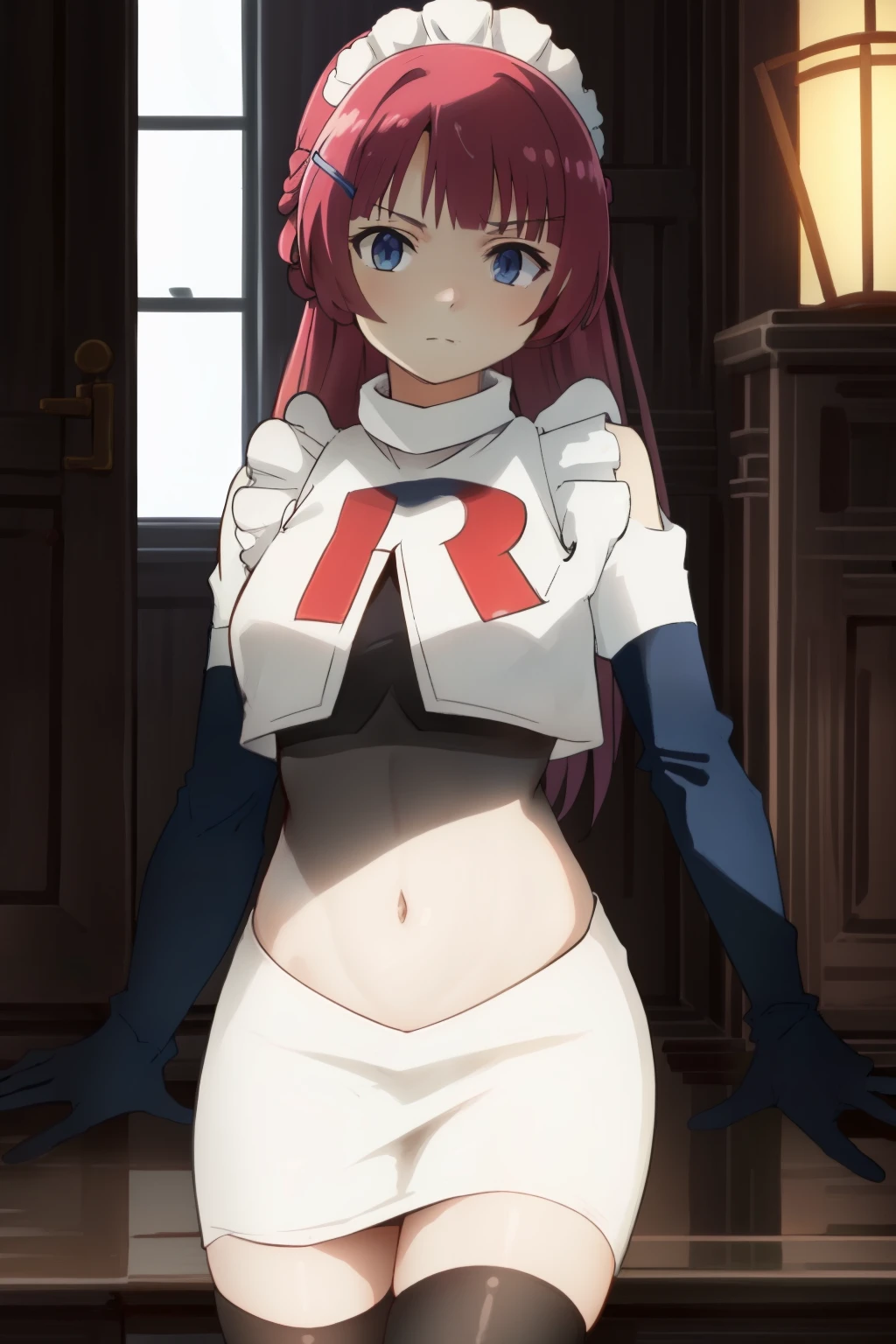 hntsadl_rose, hairclip,maid headband,team rocket,team rocket uniform,white skirt,red letter R,crop top,black thigh-highs,black elbow gloves, BREAK looking at viewer, cowboy shot, 1girl, solo, high contrast, sharp focus, masterpiece, best quality, highly detailed, HDR, highest quality, highres, sharp focus, 8k, 16k, skin pores, dynamic lights, realistic shadows, best shading, award winning masterpiece