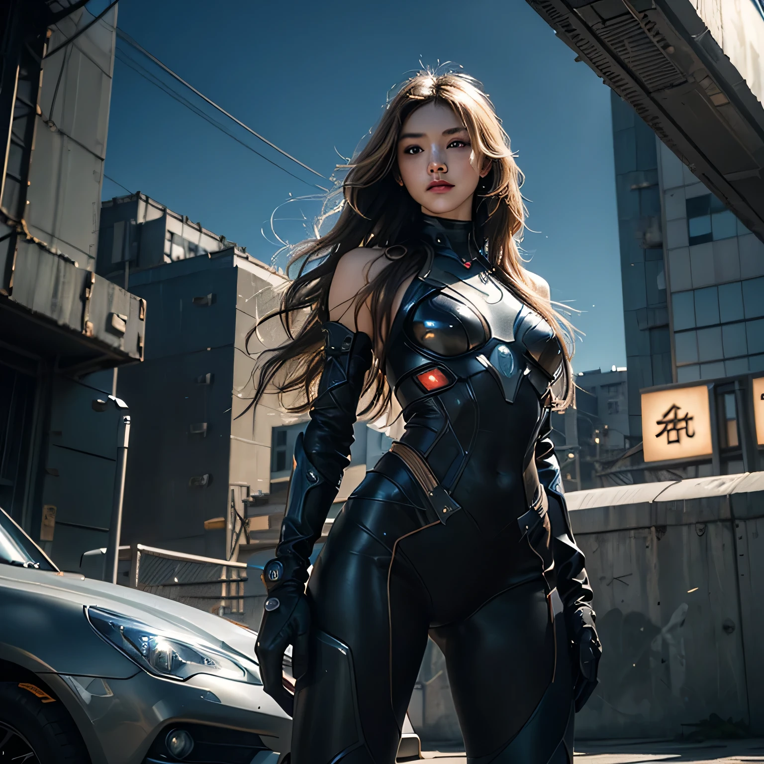 (RAW shooting、highest quality、masterpiece)、(genuine、photogenuineistic)、(Super detailed)、Very detailed CG、8k、アンgenuineエンジン、3D rendering、beautiful mechanic、((high contrast))、(High chroma)、((very delicate and beautiful))、reflected light、highly detailed background、(cyber punk、machine city、future city、armored vehicle)、tank、One is femininely correct))、blonde、hair blowing in the wind、beautiful and delicate hair、(detailed beautiful eyes、detailed beautiful face)、highly detailed skin、gloves、show your shoulders、sleeveless、Black Cybersuit、rubber bodysuit、view audience、((cowboy shot))、Composition seen from below