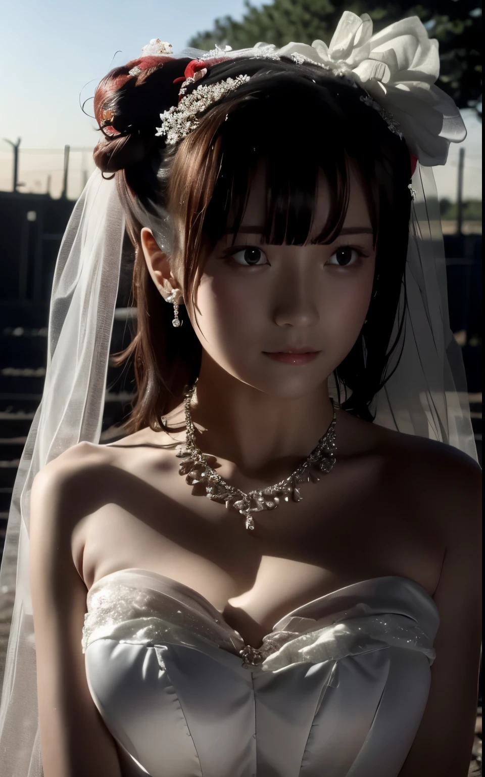 (((Pixel perfect, Perfect details))), alone, 1 girl，bride, yuigahama yui,  美丽bride穿美麗婚紗的特写,Gurwitz, (((bride頭紗)))，（transparent short veil），blush，eye shadow，Blushing face，Head flower，headgear，((bouquet))，((((tube top wedding dress))))，(((strapless wedding dress))),(bare shoulders)，pure white dress，(necklace)，((earrings))，(large breasts:1.3)，Bangs，lipstick，((White long elbow gloves)),whole body照,High-detail RAW color art,White long skirt，whole body,There is a railway track next to it，(standing on the railroad tracks:1.3),18 years old, （long twintails：1.5）,(double bun:1.5), black hair