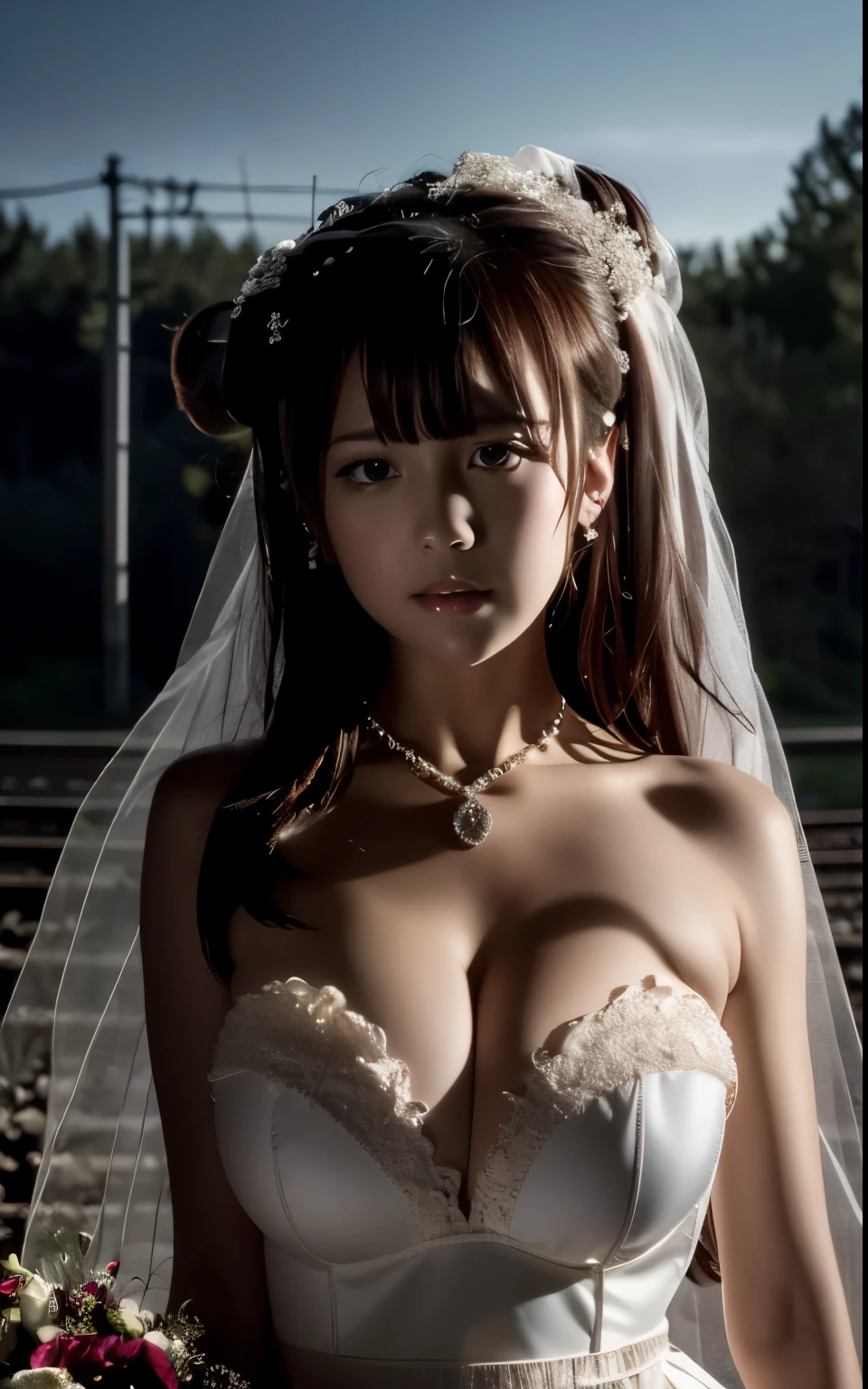 (((Pixel perfect, Perfect details))), alone, 1 girl,bride, yuigahama yui, 美丽bride穿美麗婚紗的特写,Gurwitz, (((bride頭紗))),(transparent short veil),blush,eye shadow,Blushing face,Head flower,headgear,((bouquet)),((((tube top wedding dress)))),(((strapless wedding dress))),(bare shoulders),pure white dress,(necklace),((earrings)),(large breasts:1.3),Bangs,lipstick,((White long elbow gloves)),Half-length photo,High-detail RAW color art,White long skirt,There is a railway track next to it,(standing on the railroad tracks:1.3),18 years old, (long twintails:1.5),(double bun:1.5), black hair