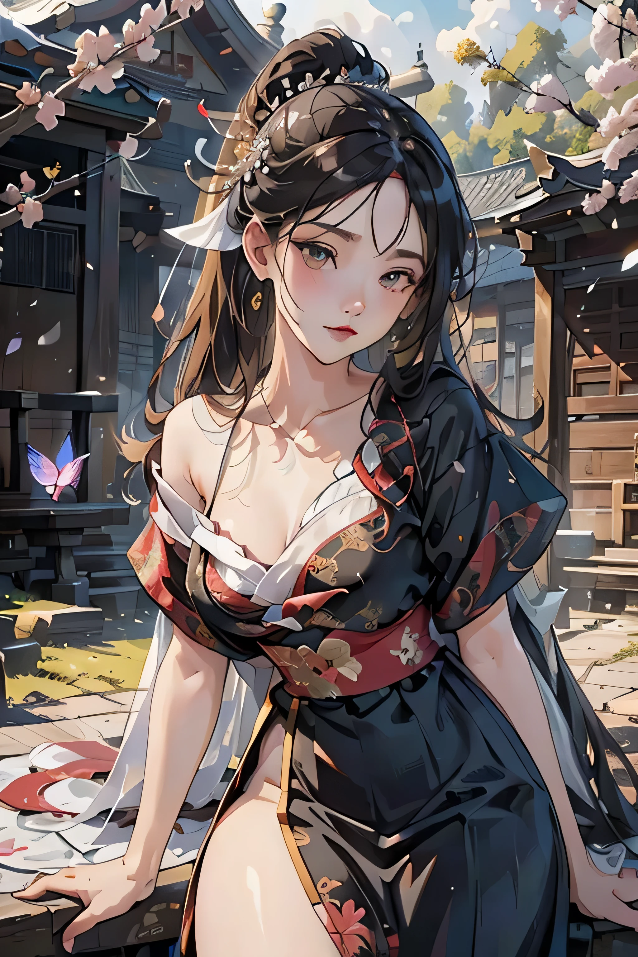 (Hyper-realistic) , (illustration), (Increase the resolution), (8K), （RAW photos，best qualtiy），（realisticlying，photograph realistic：1.3），best qualtiy，highly detailed，tmasterpiece，Hyper-detailing，( the wallpaper), (Detailed face), solo,1girll，The is very detailed，dynamic angle，cow boy shot，The most beautiful form of chaos，elegant，Fauvist design，vivd colour，Goddess of romanticism，Model figure，ancient costume，best qualtiy，Extremely detailed jewelry，Peony petals，scenecy，rios|Wagas，nsfw, chinese dress, slender , black dress,dynasty, white top, black bottom, 1girl,ponytail,brown eyes,black short skirt,city, slender body shape, look at camera with a smile, cute, masterpiece, ultra high resolution, beautiful sky, zoom out, depth of field, shukezouma, octane render, hdr, (hyperdetailed:1.15), (soft light, sharp:1.2), 1girl, beautiful girl, ultra detailed eyes, mature, plump, thick, rainbow painting drops,splat, splash, long colored hair, ultra detailed texture kimono, (hair ornaments, earrings, flowers hair ornaments, butterflies hair ornaments), outdoors, sakura trees, dynasty, chinese dress