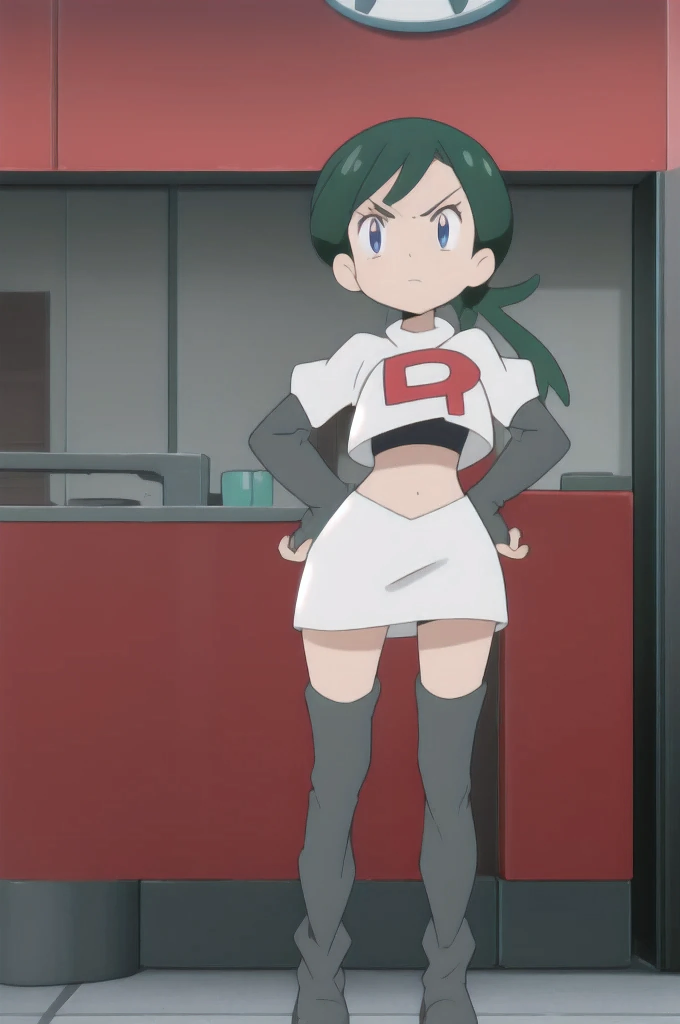 team rocket uniform, red letter r, white skirt,white crop top,black thigh-high boots, black elbow gloves, glaring angrily, looking at viewer, hands on hips, full body seen