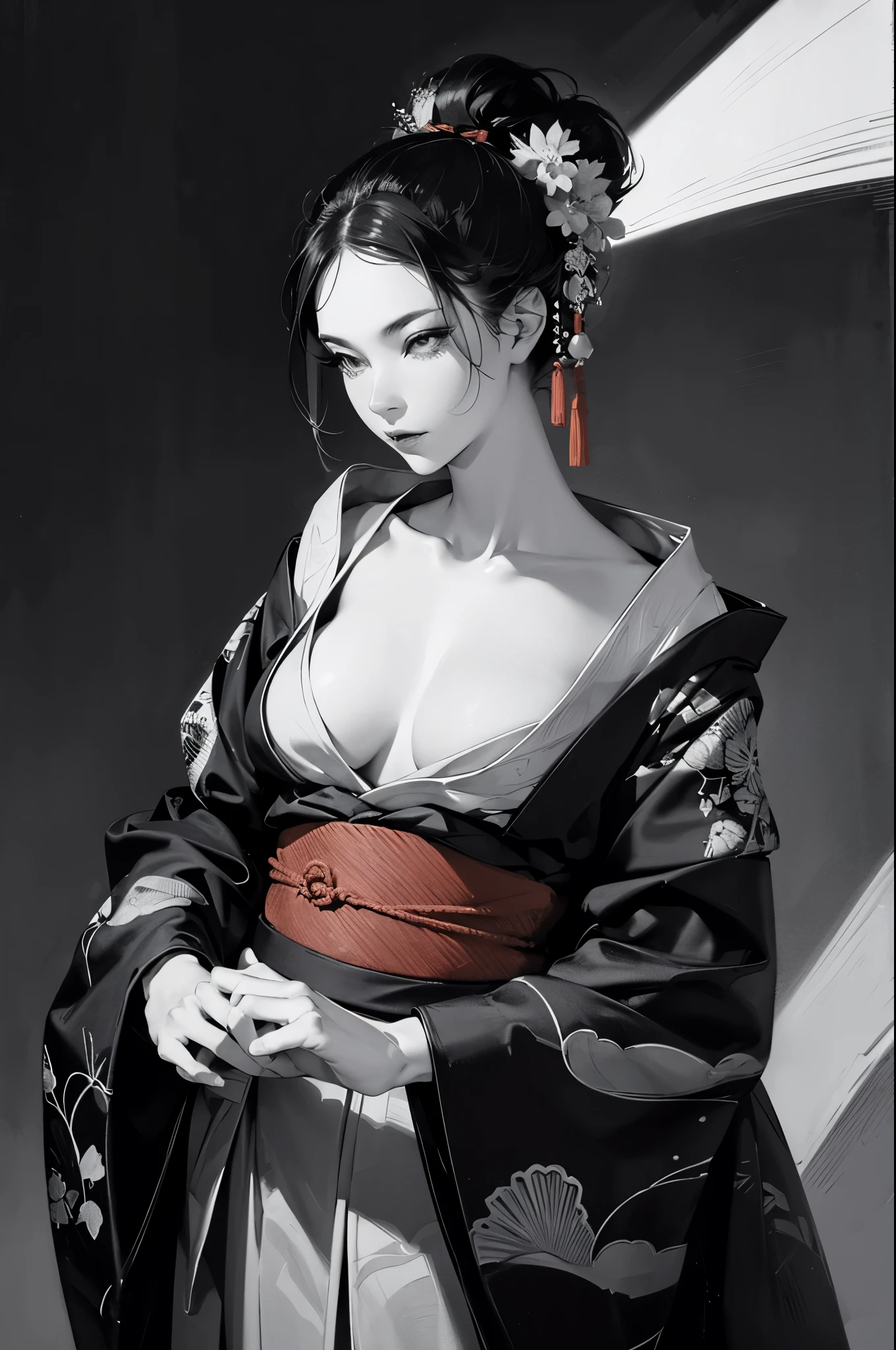 Umalinda warrior sexy, pretty face, Delicious Company, Alluring figure, Wearing a sexy open kimono. The artwork is created in a medium reminiscent of Japanese ink paintings....., 具有大胆的笔触和Monochromatic color palette. artist&#39;Masterful technique reveals the intensity and power of the image&#39;sense of presence，with the highest quality, Perfectly capture every detail with ultra-high resolution. Textures and intricate patterns on kimonos are rendered with extreme precision. Lighting is carefully designed，Enhance drama, Features deep shadows and subtle highlights. General, The artwork exudes elegance and power, Combining traditional Japanese aesthetics with a modern feel. Monochromatic color palette, Combine details, Create captivating and immersive experiences for your audience.