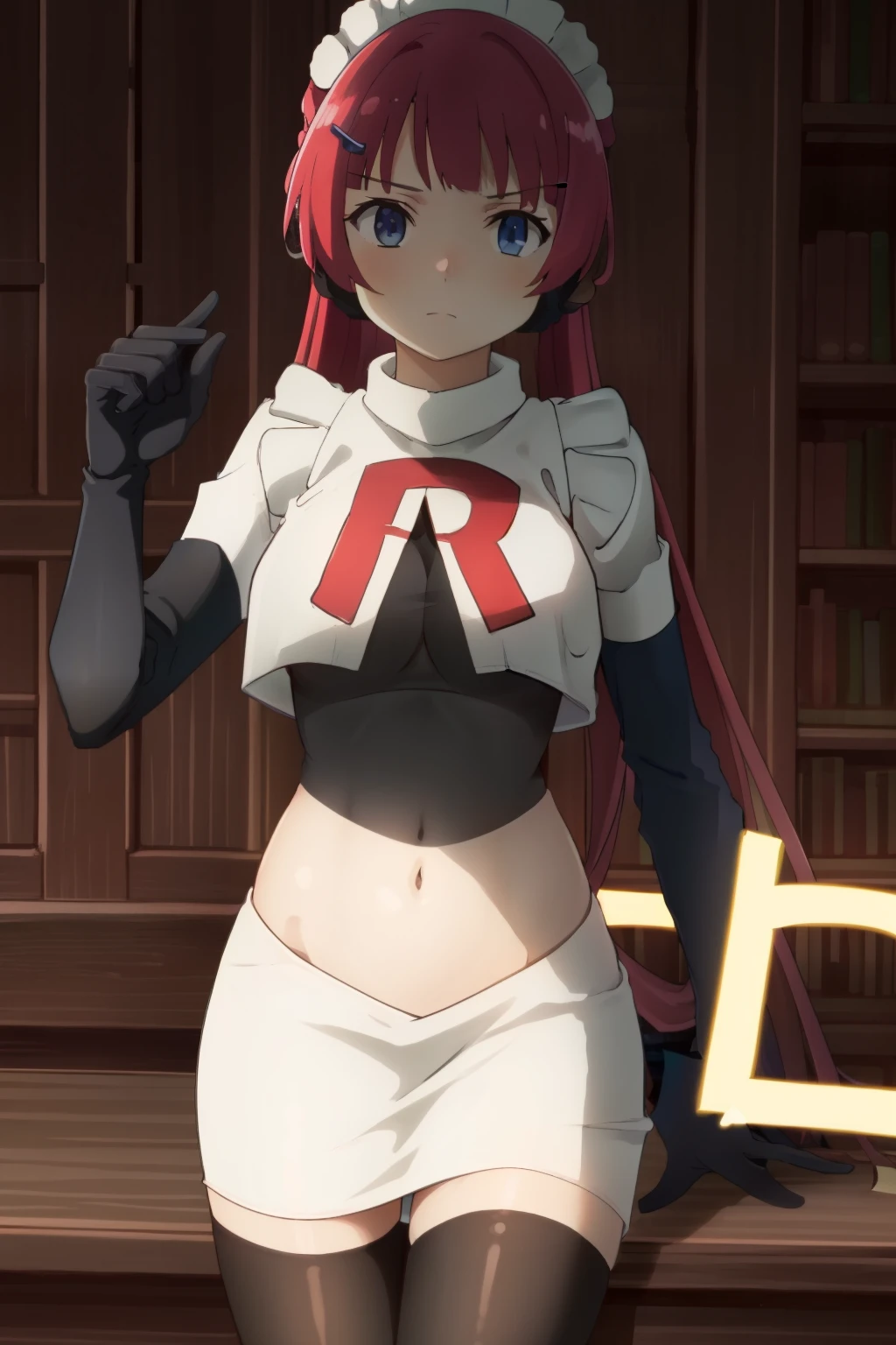 hntsadl_rose, hairclip,maid headband,team rocket,team rocket uniform,white skirt,red letter R,crop top,black thigh-highs,black elbow gloves, BREAK looking at viewer, cowboy shot, 1girl, solo, high contrast, sharp focus, masterpiece, best quality, highly detailed, HDR, highest quality, highres, sharp focus, 8k, 16k, skin pores, dynamic lights, realistic shadows, best shading, award winning masterpiece