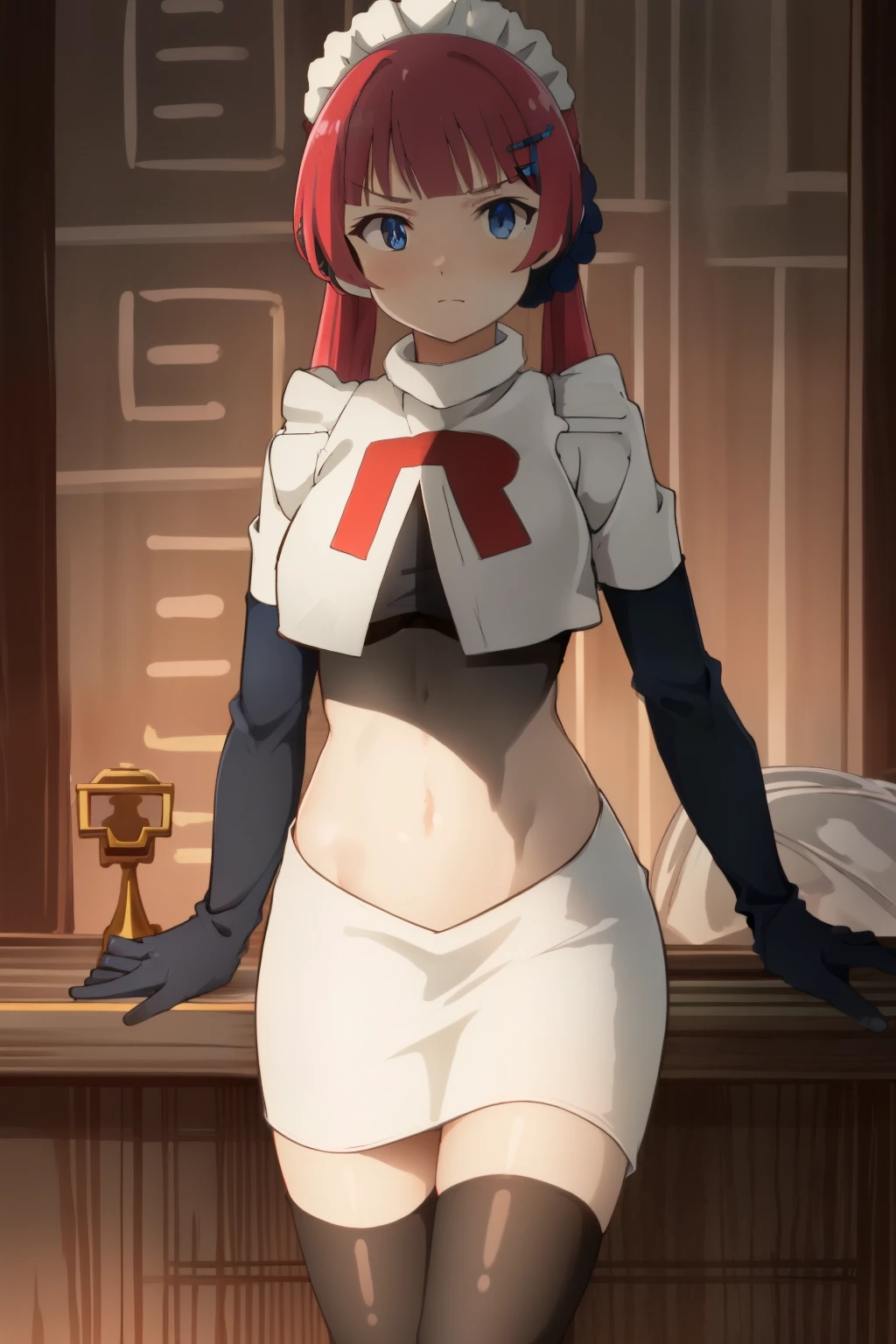 hntsadl_rose, hairclip,maid headband,team rocket,team rocket uniform,white skirt,red letter R,crop top,black thigh-highs,black elbow gloves, BREAK looking at viewer, cowboy shot, 1girl, solo, high contrast, sharp focus, masterpiece, best quality, highly detailed, HDR, highest quality, highres, sharp focus, 8k, 16k, skin pores, dynamic lights, realistic shadows, best shading, award winning masterpiece