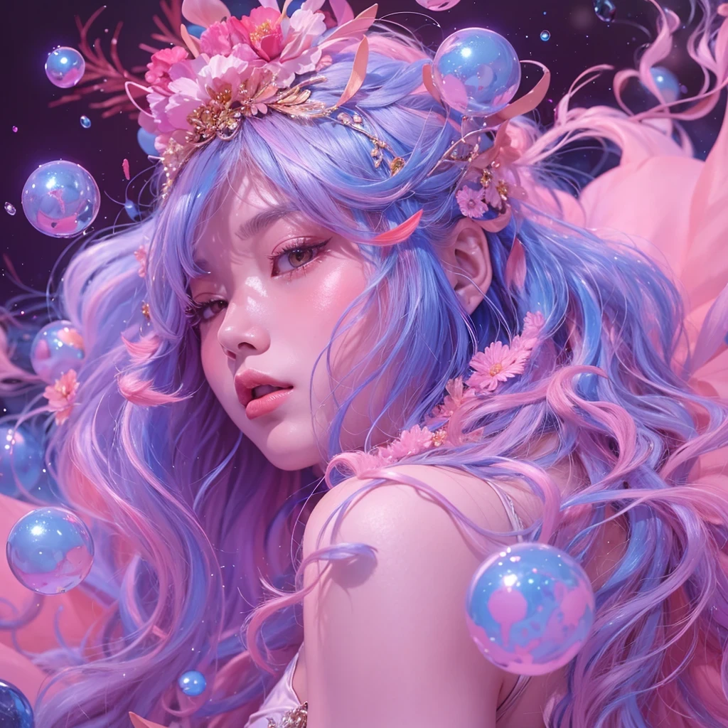 Goose pink blue color，enamel，agate，A flesh-colored world，Blood Blue Girl 32K（masterpiece，HD，Aoyama Pond，Ultra high quality，32）long flowing bright blue hair，blood pool，Ziddink， a color，Grumpy （After greeting）， （Linen scarf）， fighting stance， looking at the ground， Goose pink long hair， Floating bright blue， Fire cloud gold headdress， Chinese long-sleeved gold silk burgundy garment， （Abstract metaverse splash：1.2）， White background，Peony flower vitality protector（粉realisticlying：1.4），bright purple hair，Smoke on the road，The background is very pure， high resolution， detail， RAW photos， Sharp Re， Nikon D850 film photo by Jefferies Lee 4 Kodak Portra 400 camera F1.6 guns, Rich pink shade, Ultra-realistic and vivid textures, dramatic lighting, Unreal Engine Art Station Trend, Sinest Powder 800，一个有着long flowing bright blue hair的女孩，Huge colorful bubbles鹅粉黄