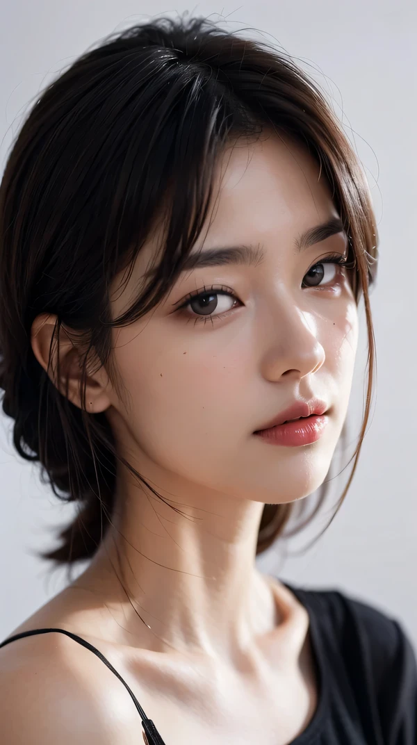 RAW photo, 8k, highest quality, masterpiece, Super detailed, super resolution, realistic pictures, portrait, professional photos, High resolution and beautiful, very delicate and beautiful, High resolution, huge file size, Super detailed face, very fine eyes, Very fine skin, very small nose, highly detailed mouth, perfect anatomy, Super detailed, very beautiful eyelashes, natural eyes, delicate eyes, simple white background, realistic lighting, light shines on your face, 1 girl, 20 generations,Off-shoulder black shirt , small necklace, (faded ash gray hair:1), looking at the viewer,simple white background,