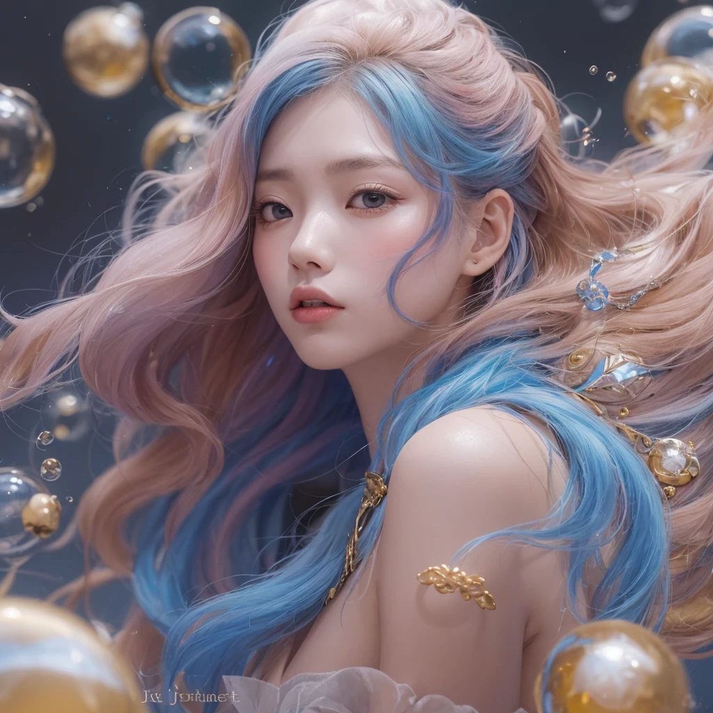 Goose pink blue color,enamel,agate,A flesh-colored world,Blood Blue Girl 32K(masterpiece,HD,Aoyama Pond,Ultra high quality,32)long flowing bright blue hair,blood pool,Ziddink, a color,Grumpy (After greeting), (Linen scarf), fighting stance, looking at the ground, Goose pink long hair, Floating bright blue, Fire cloud gold headdress, Chinese long-sleeved gold silk burgundy garment, (Abstract metaverse splash:1.2), White background,Peony flower vitality protector(粉realisticlying:1.4),bright purple hair,Smoke on the road,The background is very pure, high resolution, detail, RAW photos, Sharp Re, Nikon D850 film photo by Jefferies Lee 4 Kodak Portra 400 camera F1.6 guns, Rich pink shade, Ultra-realistic and vivid textures, dramatic lighting, Unreal Engine Art Station Trend, Sinest Powder 800,一个有着long flowing bright blue hair的女孩,Huge colorful bubbles鹅粉黄