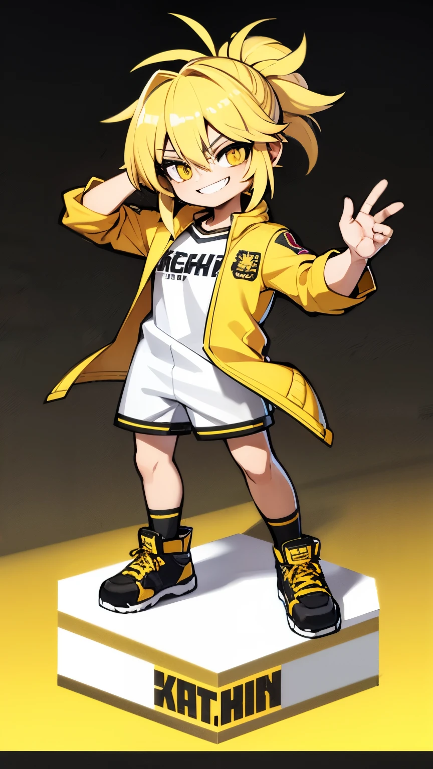 High resolution, high quality, super sharp, 8k, masterpiece, bright yellow hair, Eye color is also yellow,ponytail, smile,the background is white,whole body,small letters,Gamer Clothing,no background,Central location,Jacket