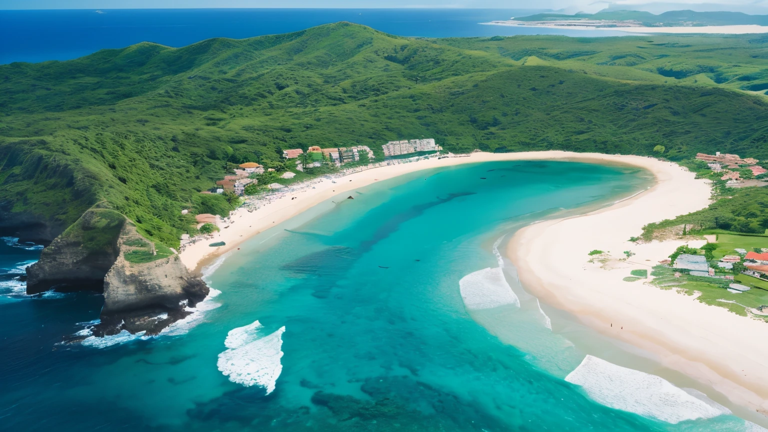 aerial view of island	beach, sea, island, ocean, coast, landscape, water, nature, sky, bay, vacation, travel, sand, coastline, summer, shore, hawaii, tropical, view, scenic, seascape, mediterranean, tourism, paradise, holiday