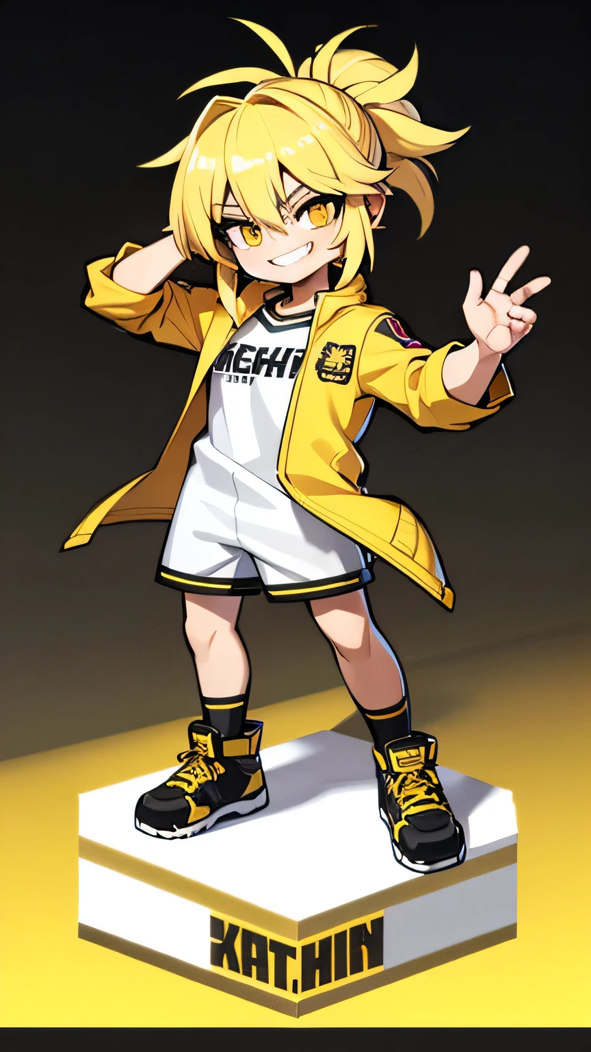 High resolution, high quality, super sharp, 8k, masterpiece, bright yellow hair, Eye color is also yellow,ponytail, smile,the background is white,whole body,small character,Gamer Clothing,no background,Central location,Jacket