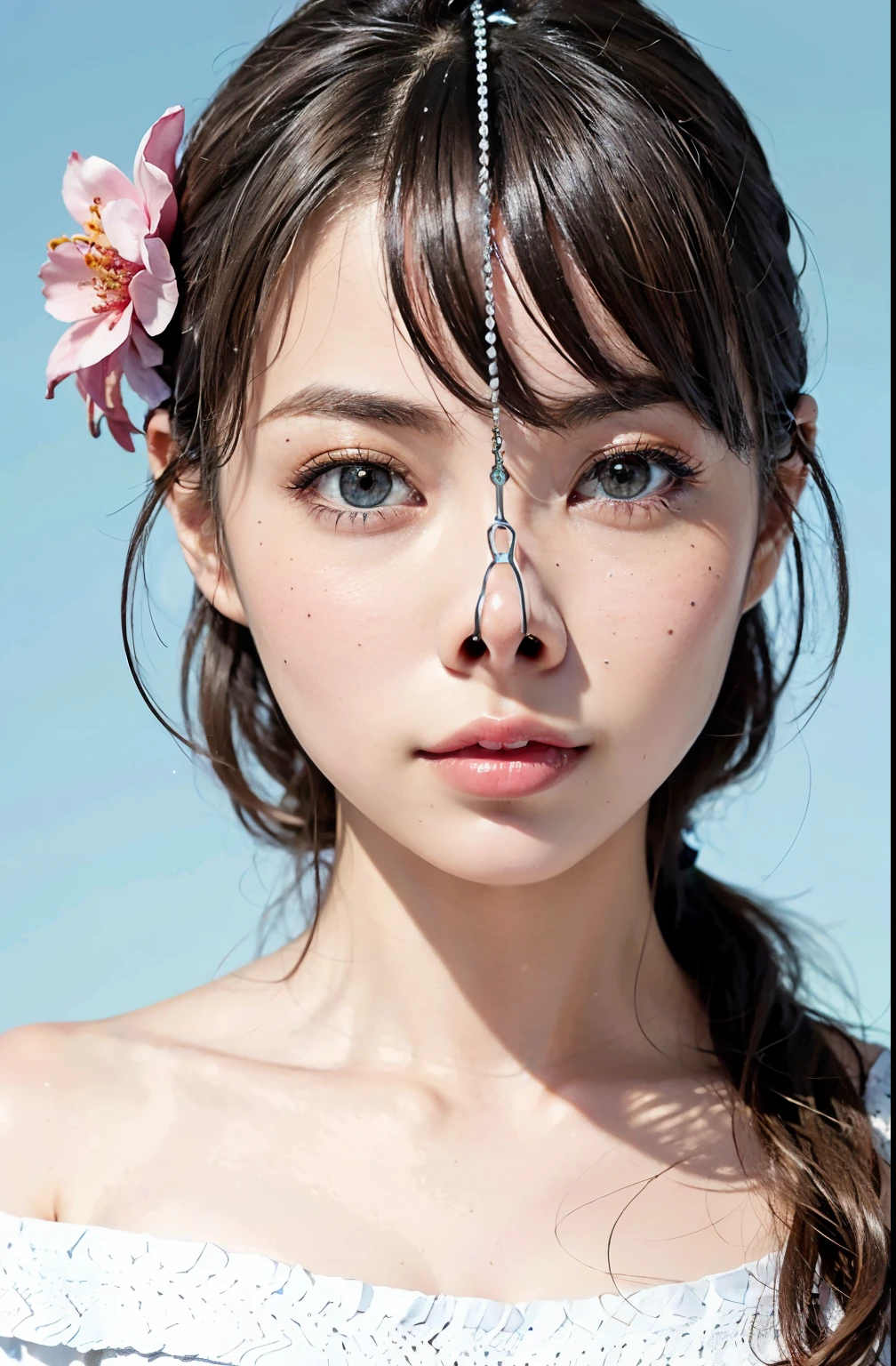Fashion trendy beautiful and attractive woman, ,(Highest quality realistic textured skin:1.4), detailed eyes, detailed face, high quality eyes, focus the eyes clearly, nose and mouth,face focus, Super close up of face gentle and charming Chinese beautiful woman, delicate and sexy clavicle, attractive oval face, double eyelid, Smart peach blossom eyes, pink lips, small nose, bare shoulders, focus on the face, close up of face, ultra high resolution, Super detailed, full body photo, Ultra-thin and transparent, The white off-shoulder shirt goes perfectly with the light blue slit skirt, fresh and good, And see through