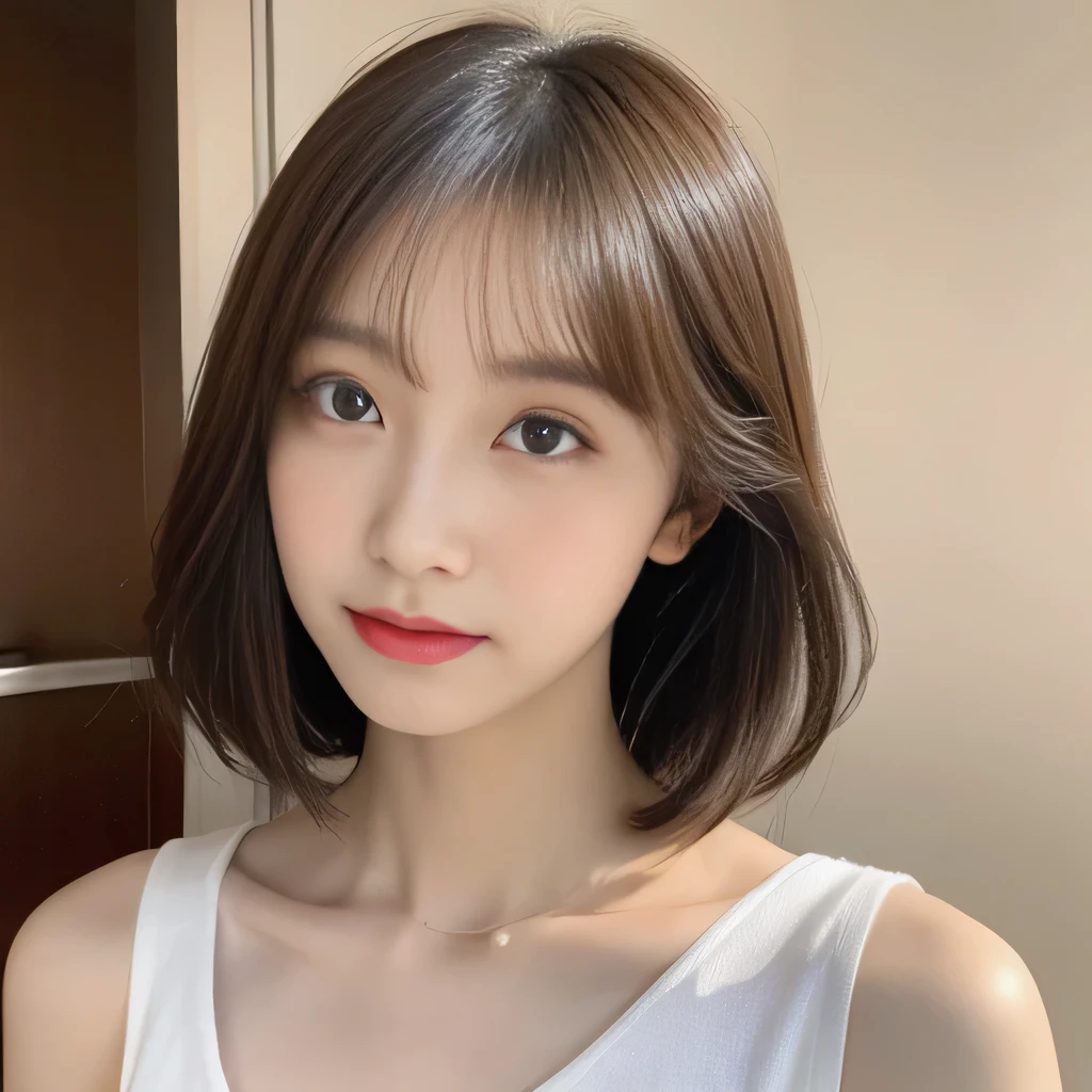 One woman sits, Looking down at a woman from above, woman looks at viewer,  looking at camera, beautiful clavicle, broad shoulders, Beautiful woman, 15 years old, viewer'point of view, Shirt with visible collarbone, cute, look up, turn towards me, Emphasis on the clavicle, random hairstyle, beautiful eyes, double, Irojirou, like an idol, disco, 
