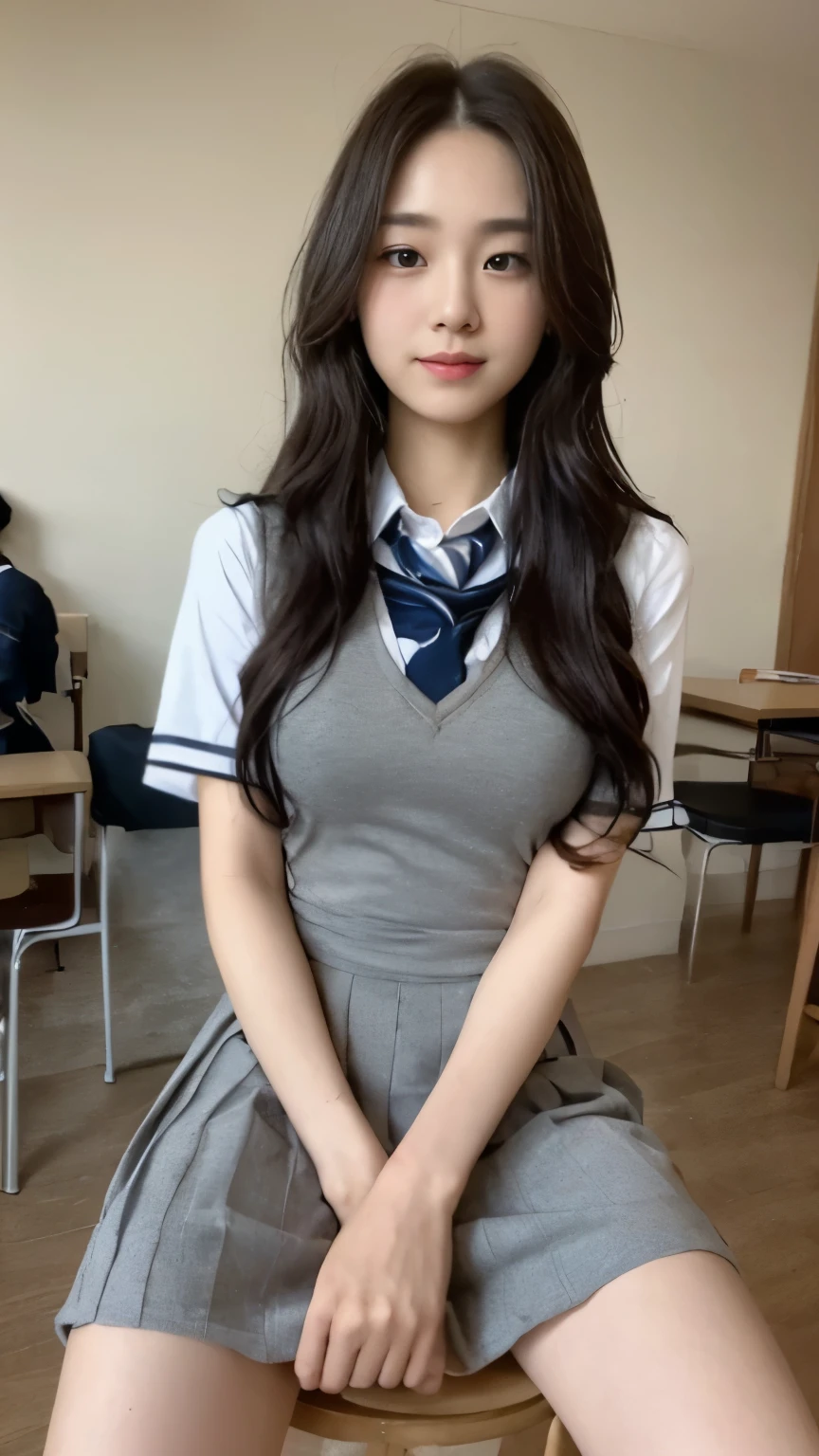 ((top-quality、8k、masterpiece:1.3))、Beautiful woman with perfect body:1.4、slim abdomen:1.2、Longhair, normal breast, Highly detailed facial and skin texture, A detailed eye, delicate eyes, double eyelid, (smile), (full body shot), ((class room 1.2)), (sitting on chair), ((wearing student uniform 1.1)), looking in front